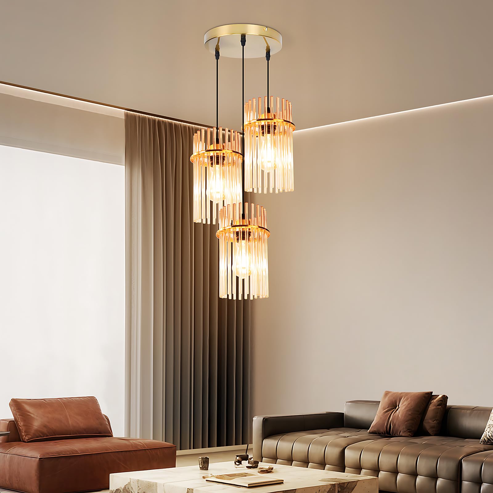 Pendelleuchte 3 Flammig Hängelampe Esstisch - Hängeleuchte Glas Rund E27 Pendellampe Gold für Esszimmer Küche Wohnzimmer Cafe Bar (ohne Leuchtmittel)
