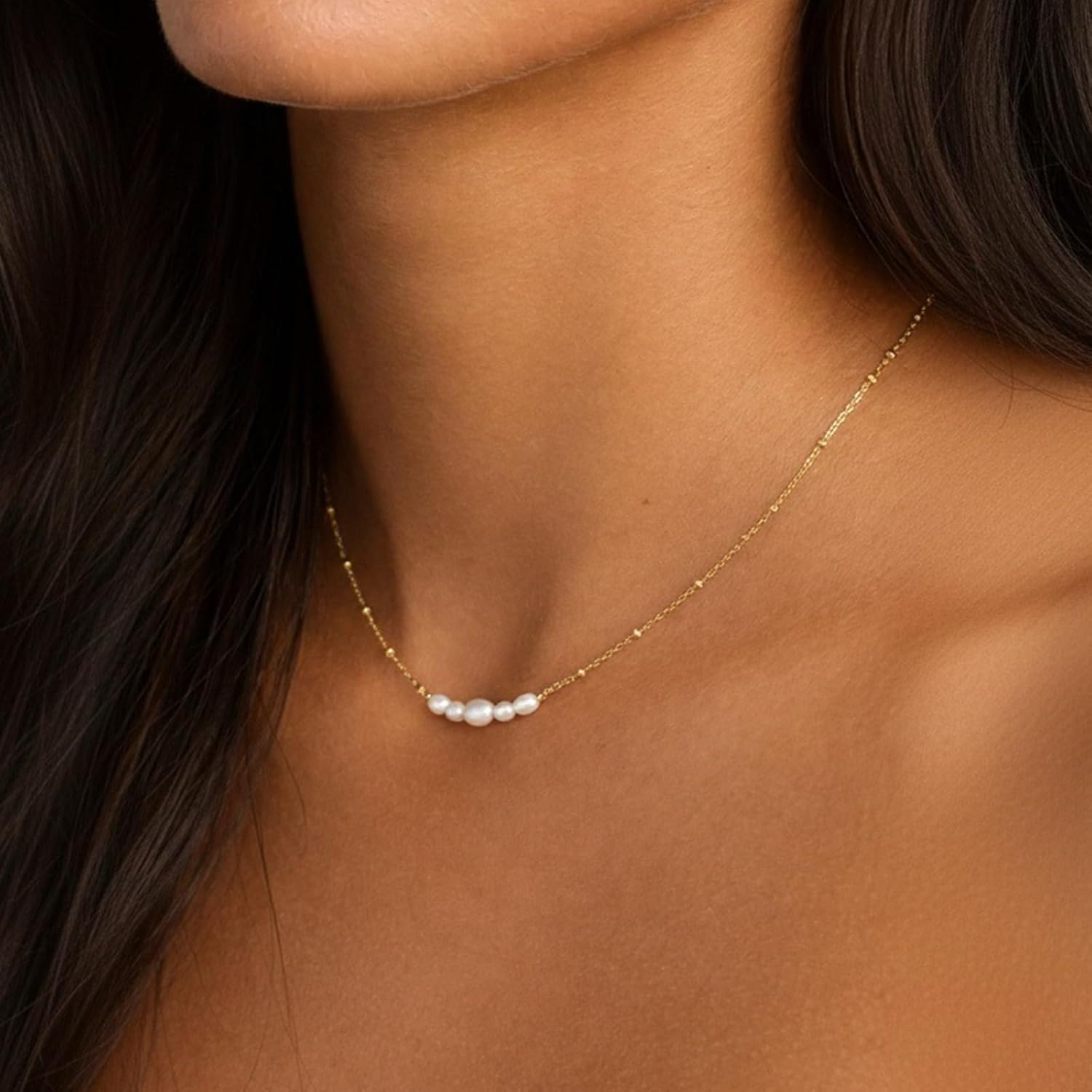 Zannah 18K Gold Plated Dainty Pearl Necklace for Women - Rich Yellow Gold Minimalist Freshwater Pearl Pendant Necklace with Sparkling Beaded Chain Elegant Tiny Gold Jewelry Gifts Idea (16.5" + 2.3" Extender)