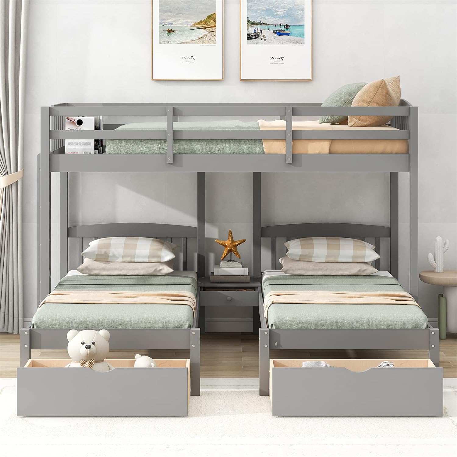 Bellemave Triple Bunk Bed with Storage Drawers Twin Over Twin & Twin Bunk Bed Frame for 3 Kids Wood Three Beds Bunked for Girls Boys Teens, Gray