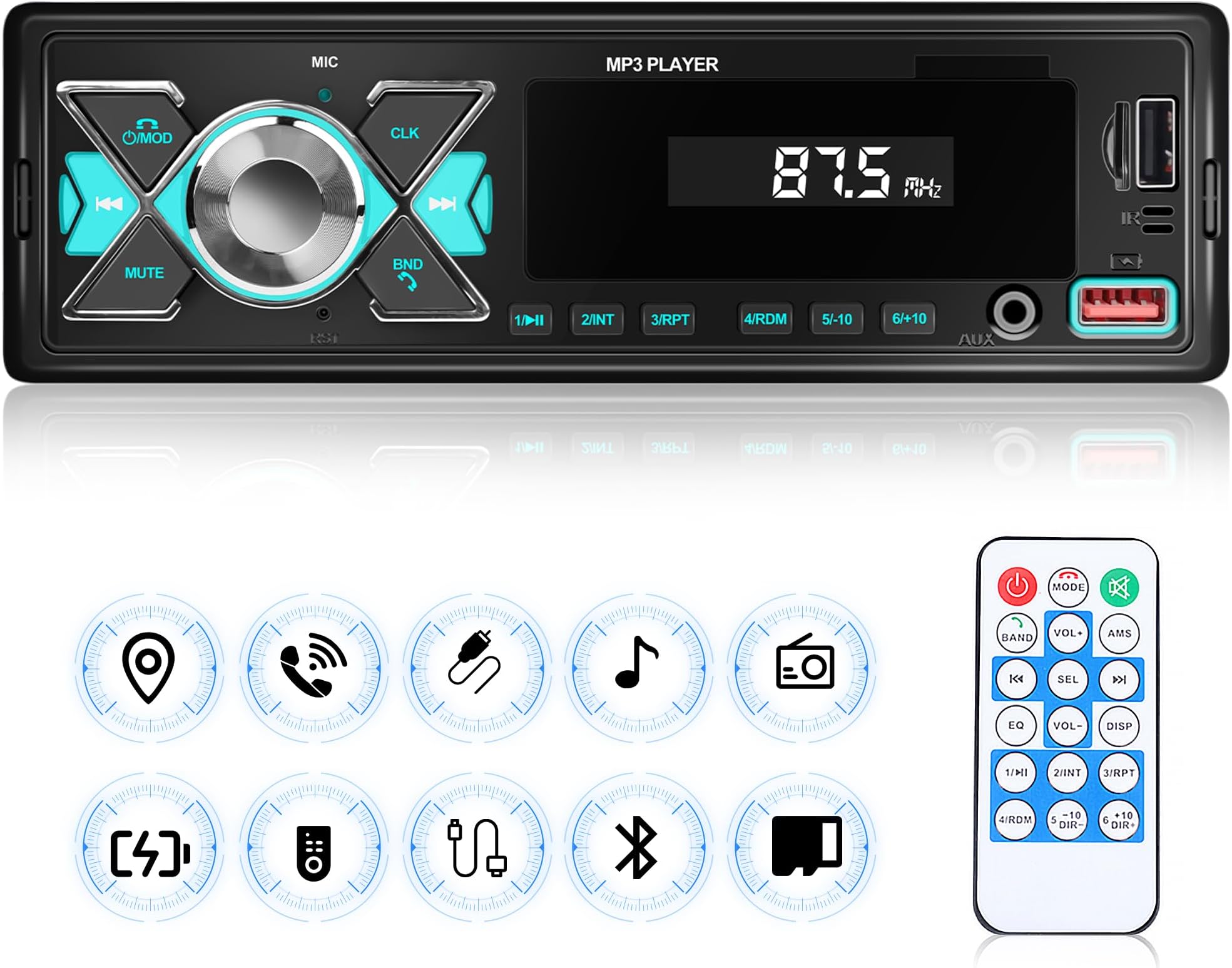 RDS Autoradio Bluetooth Main Libre avec LCD Affichage Horloge, 7 Couleurs Éclairage, 4x65W