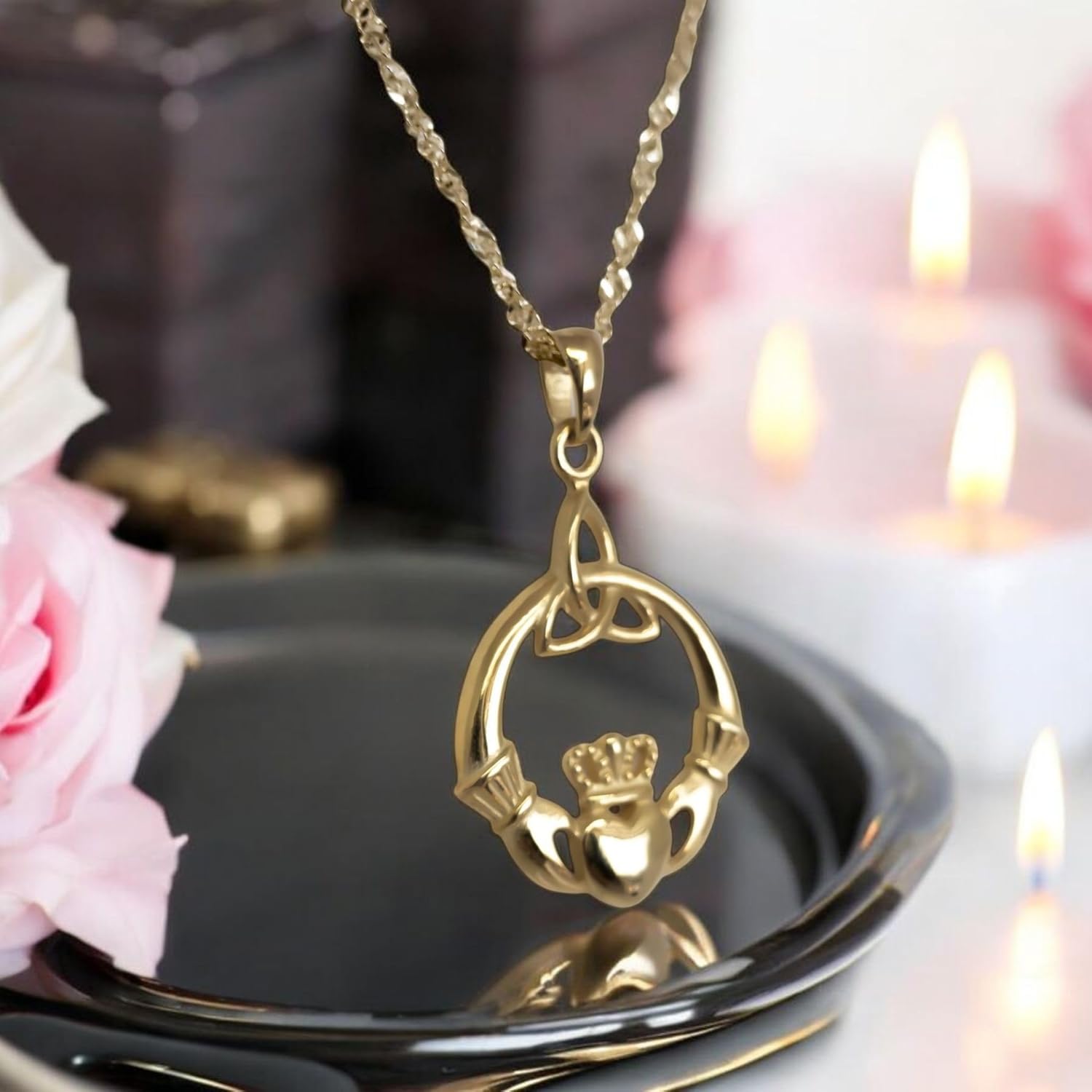 925 Sterling Silver Irish Claddagh Necklace - Trinity Celtic Knot Pendant with 20" Inch Chain - Hands Holding Heart Crown Charm - Love Celtic Jewelry for Women Girls