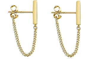 Solid 925 Sterling Silver Stud Earrings, Minimalist Bar Earrings with Chain Dangle...