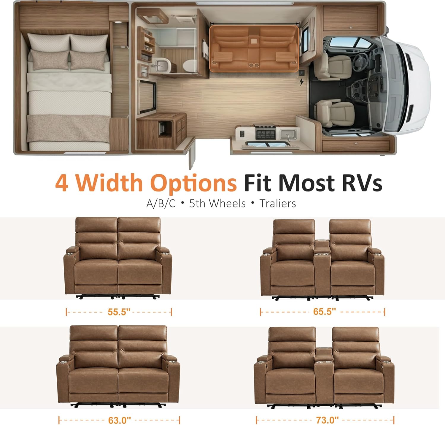MCombo 65.5" Wall Hugger Power Reclining Loveseat with Console and Outlets for Small Spaces, RV Loveseat Sofa with Armrest Storage, 360° Swivel Tray Table, USB & Type C Ports RV01M2 (Orange)