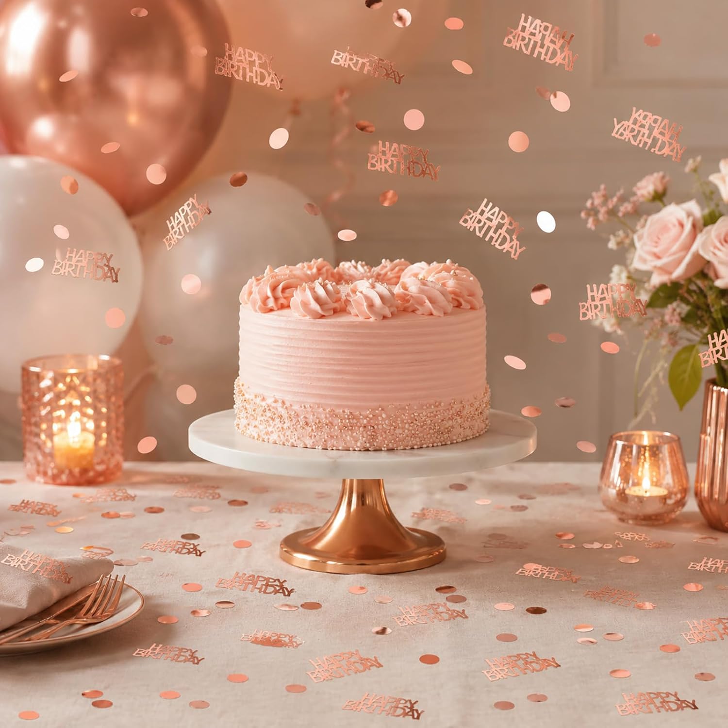 300PCS Rose Gold Happy Birthday Confetti for Table, Birthday Table Confetti