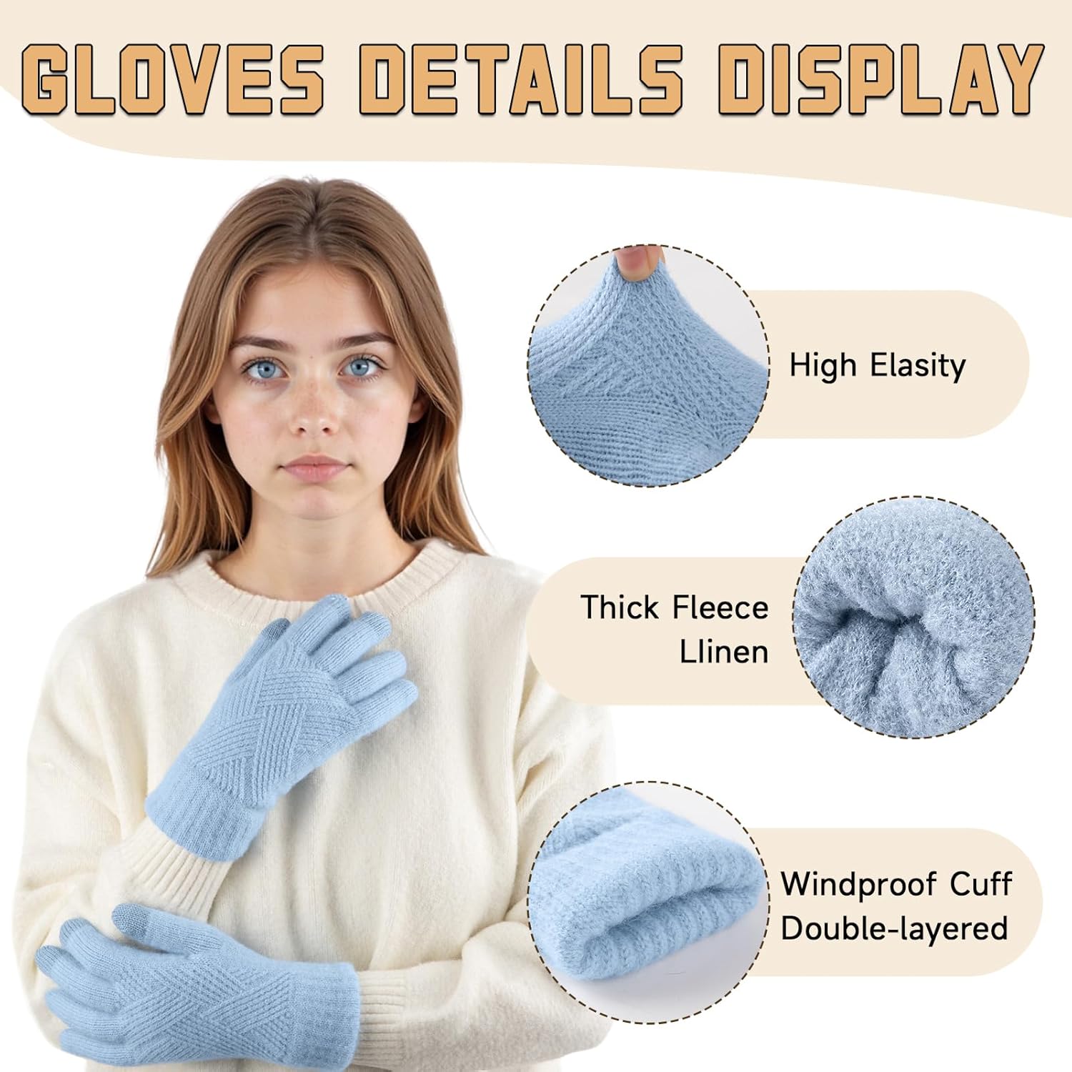 Winter Gloves for Women Touch Screen Thermal Soft Lining Elastic Knit Warm Gloves for Cold Weather - Image 4