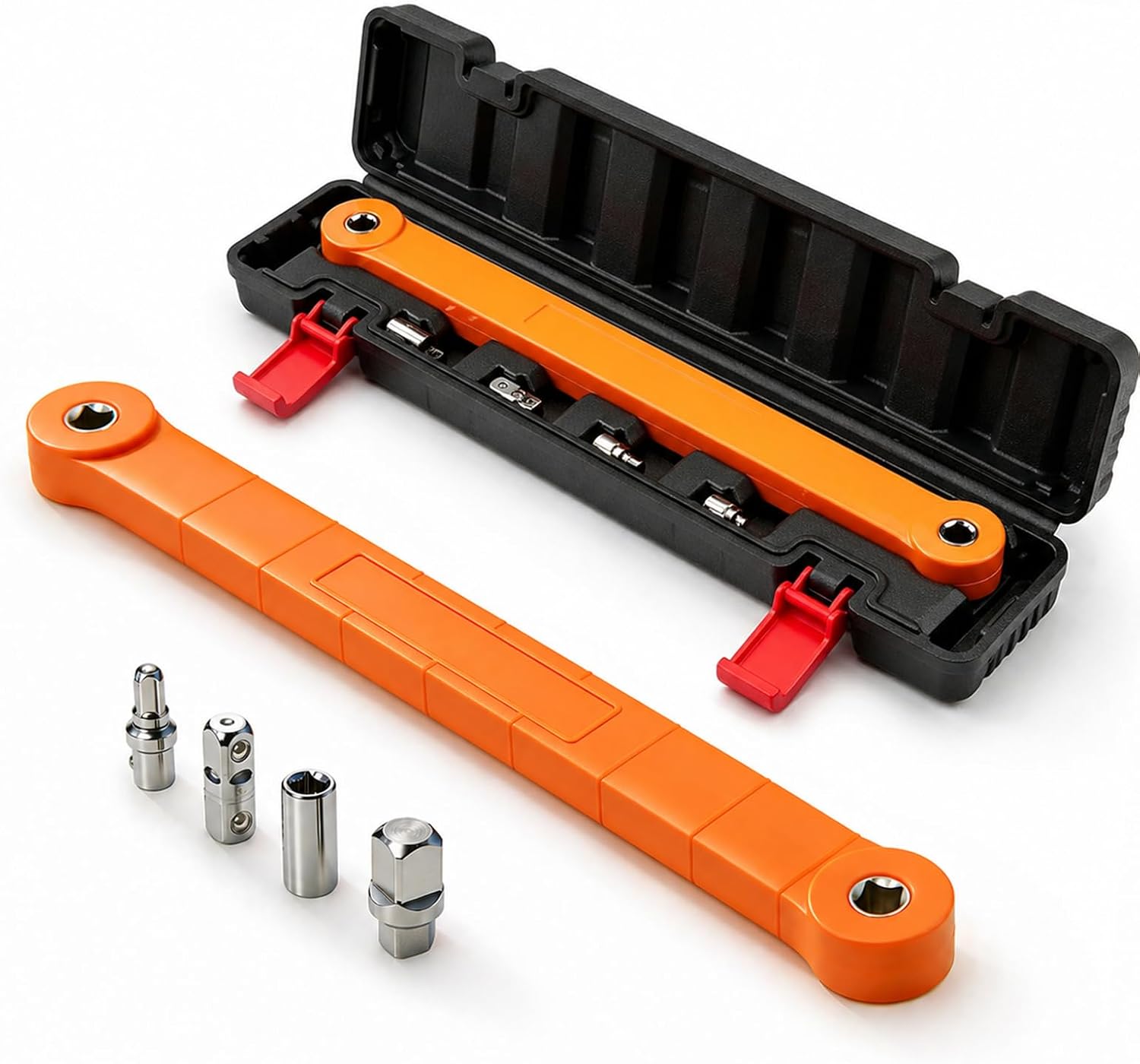 Offset Extension Wrench Kit – 13.4-Inch Tight Reach Ratchet Extender Set with Storage Case, Zero Degree Swing, 1/4", 3/8", 1/2" Adapters for Automotive & Mechanical Repairs（Orange）