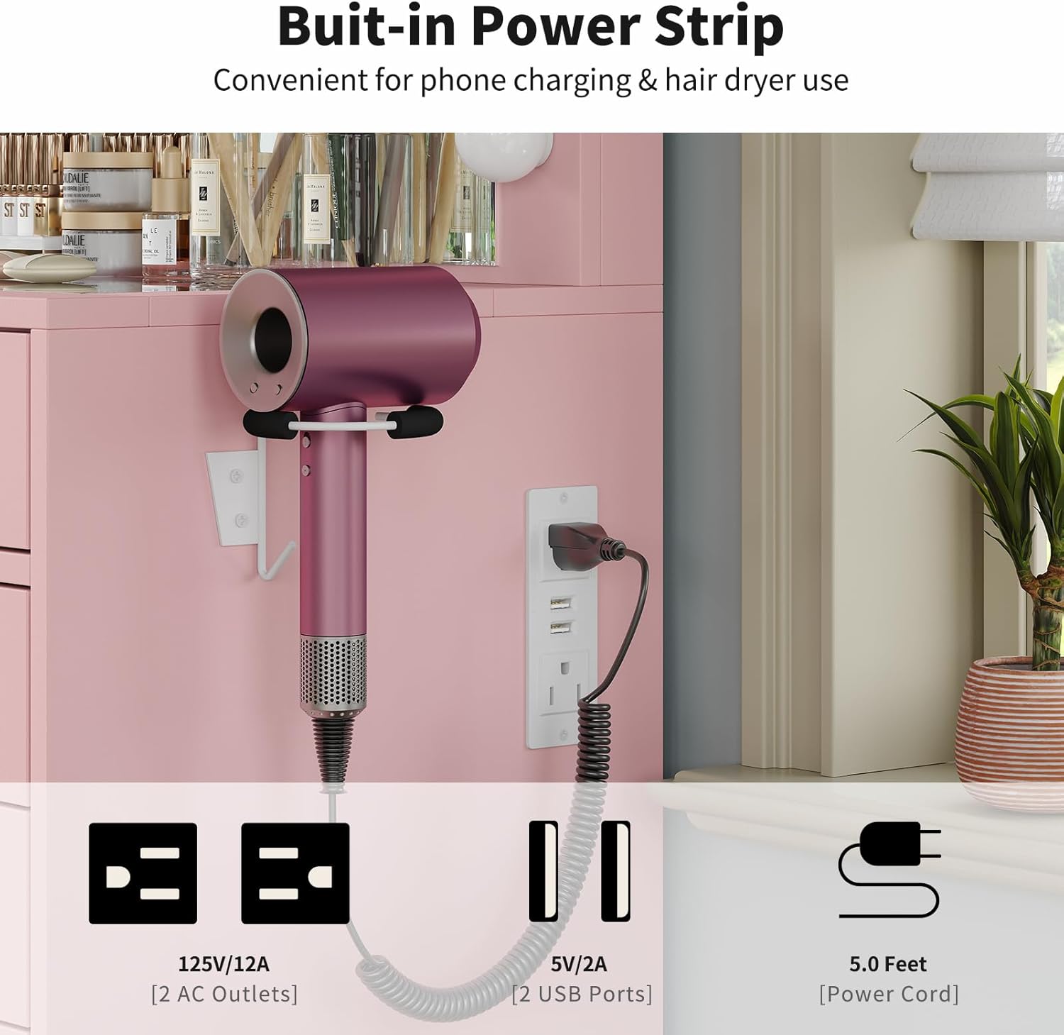 Close-up of the built-in power strip with AC outlets, USB ports, and a hair dryer holder