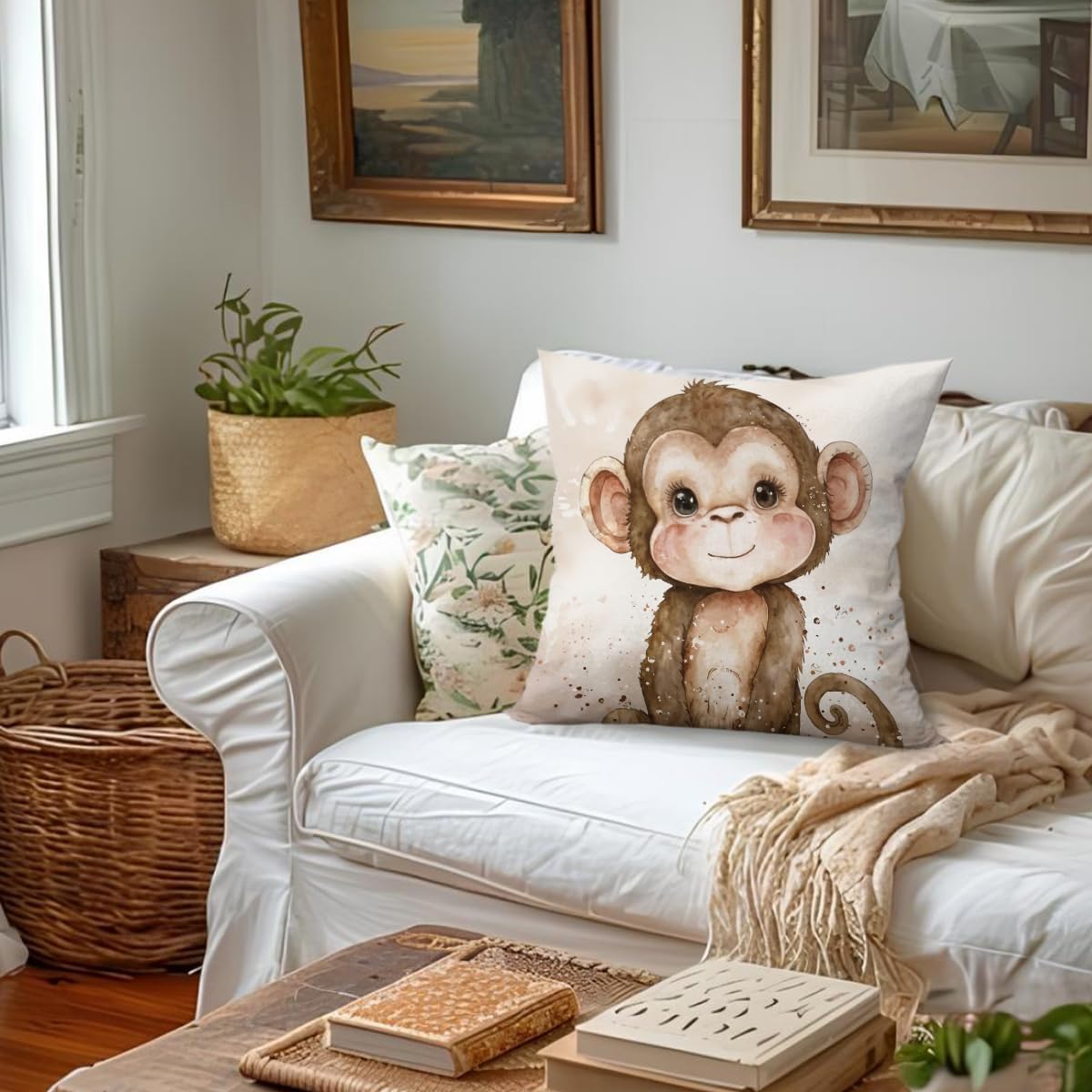 Vintage Monkey Pillow Covers 18x18, Monkey Gifts, Animal Nursery Decor, Cute Wild Animals Decorative Throw Pillow Covers Pillowcases for Kids Room Bedroom Nursery Playroom Decor image 4