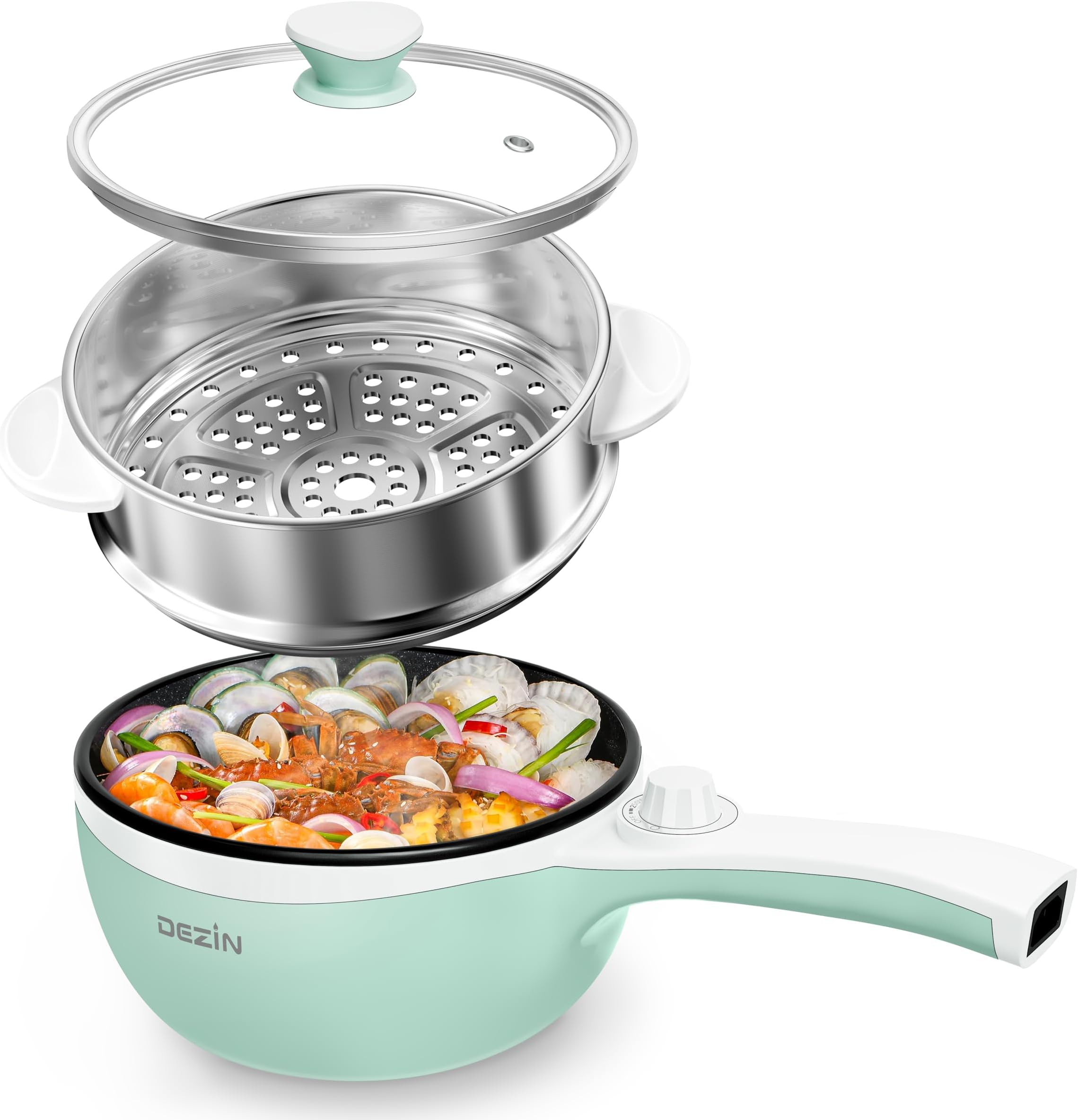 Dezin Hot Pot Electric with Steamer Upgraded, Non-Stick Sauté Pan, Rapid Noodles Electric Pot, 1.5L Mini Pot for Steak, Egg, Fried Rice, Ramen, Oatmeal, Soup with Power Adjustment