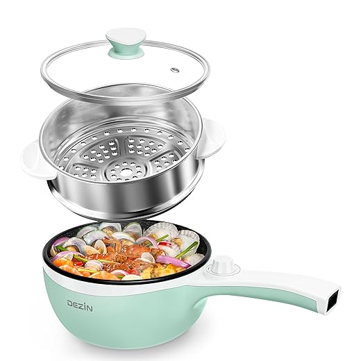 Dezin Hot Pot Electric with Steamer Upgraded, Non-Stick Sauté Pan, Rapid Noodles Electric Pot, 1.5L Mini Pot for Steak, Egg, Fried Rice, Ramen, Oatmeal, Soup with Power Adjustment