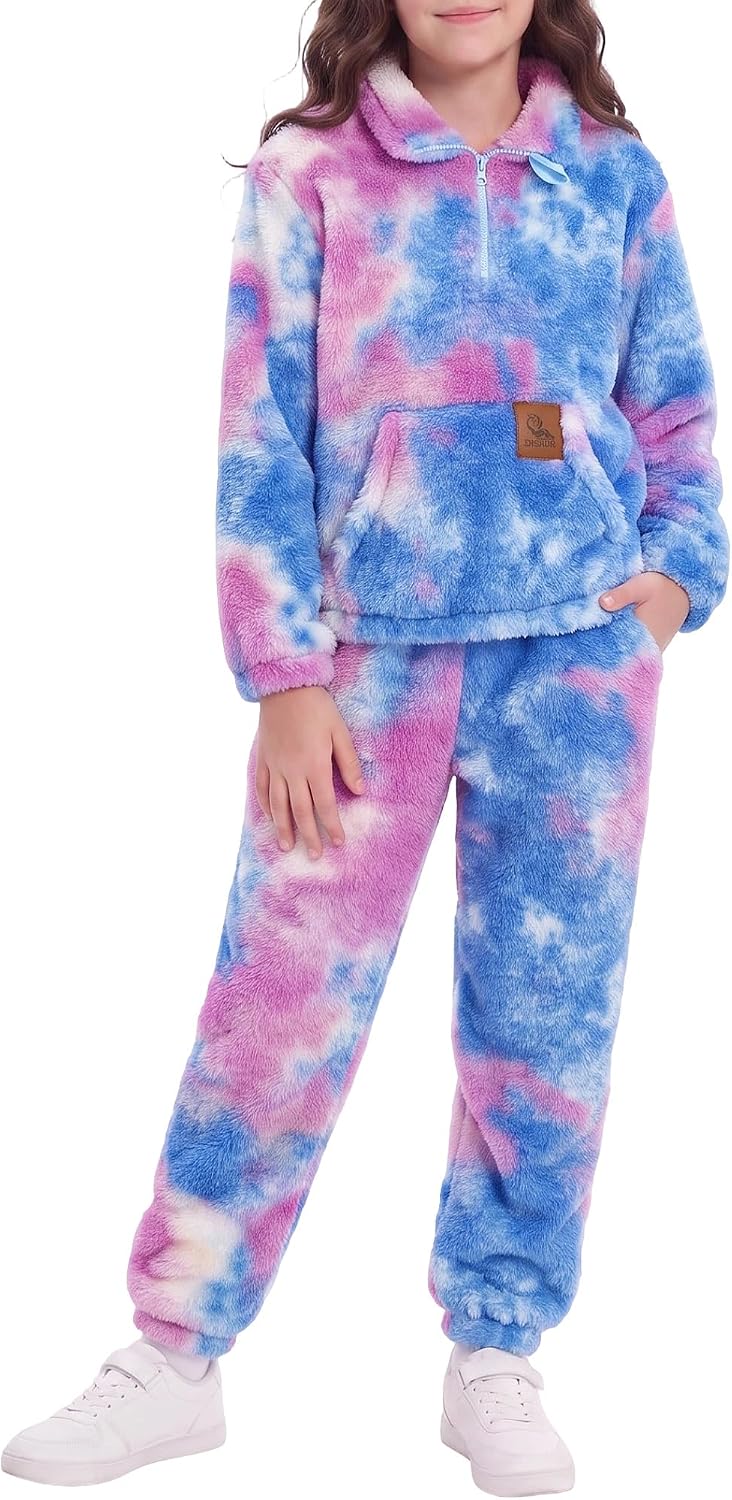 DISAUR Girls Fuzzy Sweatsuit 2 Piece Outfits Quarter Zip Pullover Pants Set