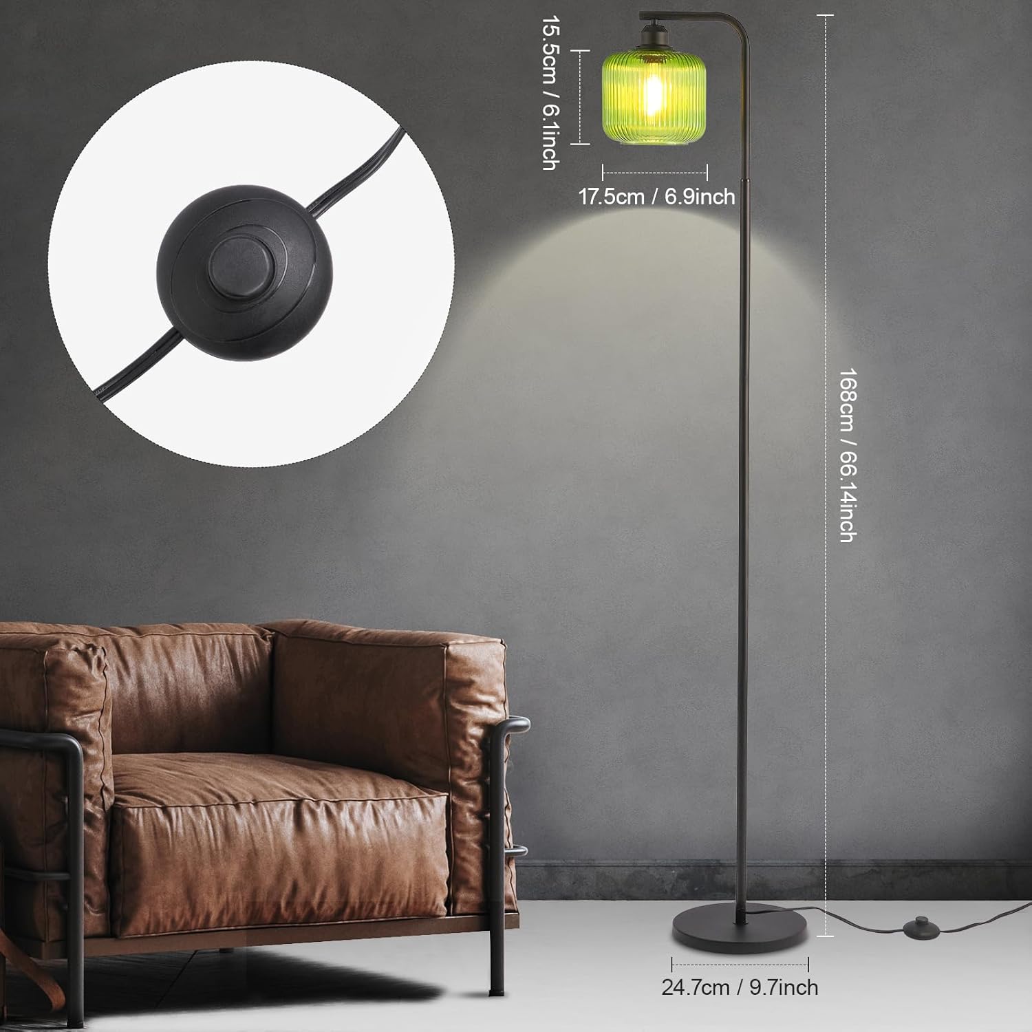 Retro Floor Lamp with Ribbed Glass Shade,Mid-Century Modern Tall Standing Lamp for Living Room, Bedroom, Office,Sturdy Metal Base, Energy-Saving LED Bulb Included, Soft Warm Light (Green)