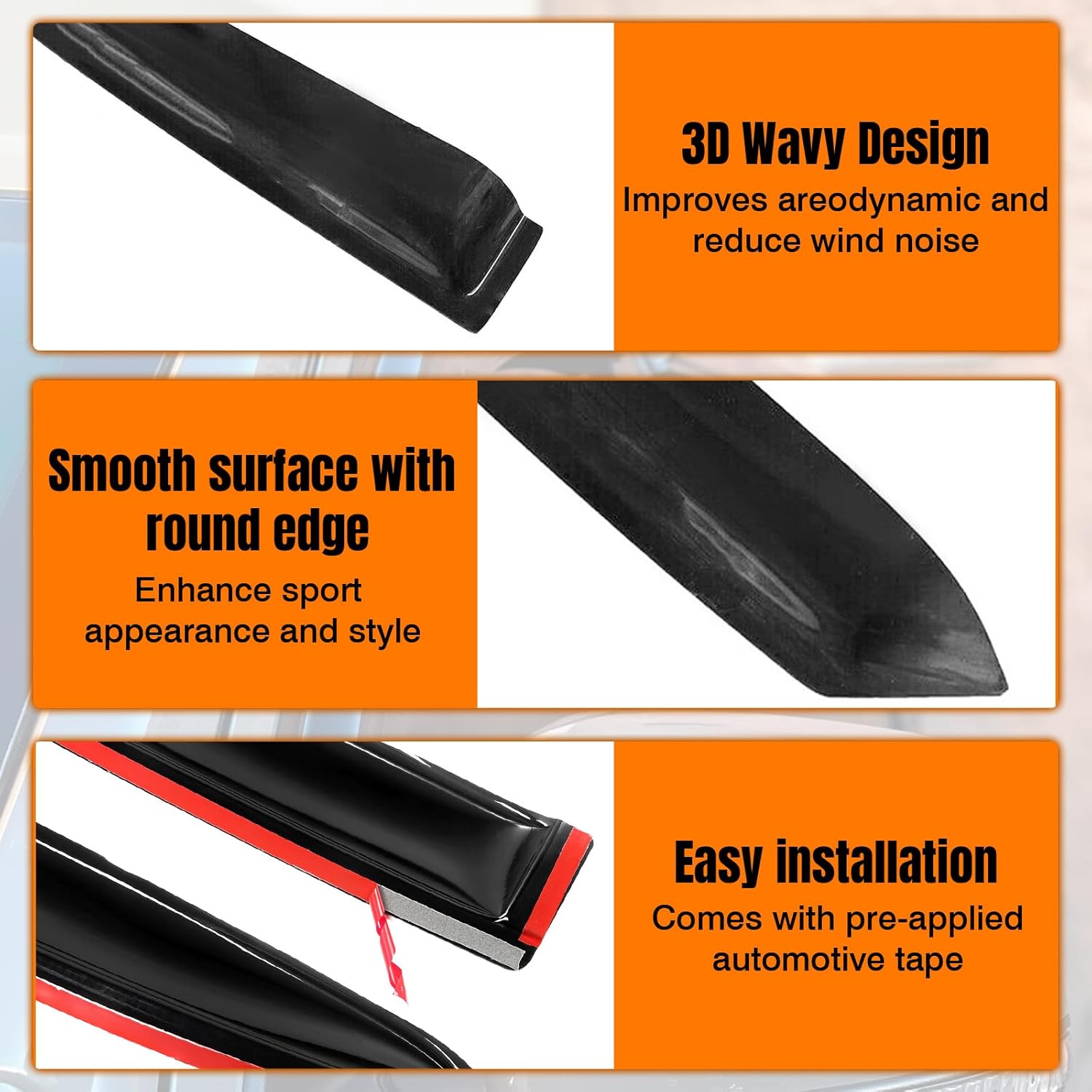 Tape on Window Visor Deflectors, Compatible with 2008-2013 Toyota Highlander, Acrylic Smoke Tinted Slim Style Window Rain Guards, Sun Wind Side Vent Visor Set, 4 Pieces