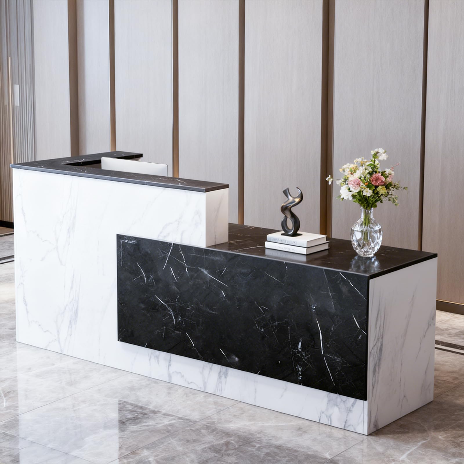 Yorkgargen L-Shaped Large Wooden Reception Desk, Modern Front Desk Reception Counter with Lockable Drawers & Storage & Keyboard Tray, for Checkout,