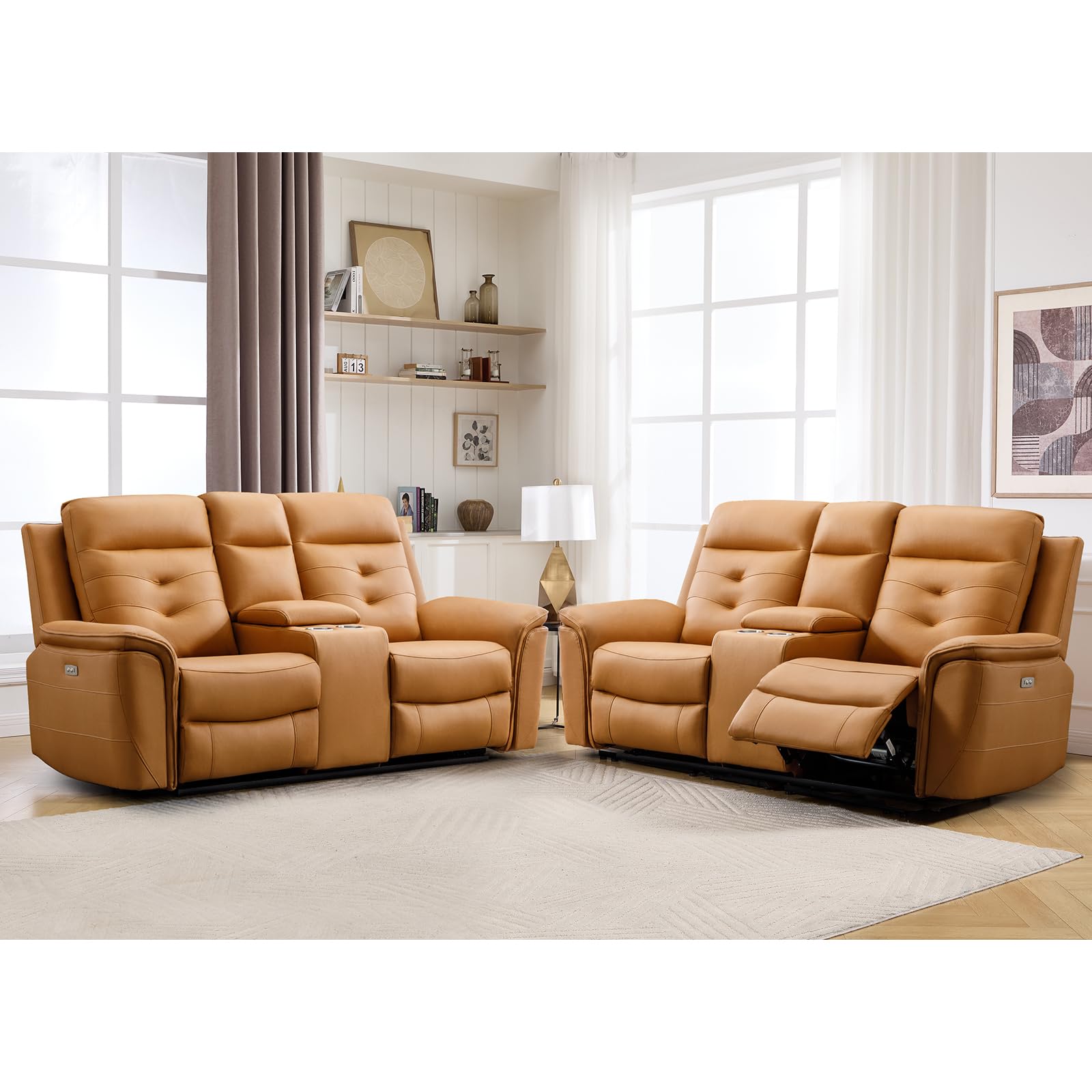 ANJ Oversized Power Reclining Loveseat Sofa Set of 2 with USB Charging Port, Breathable Faux Leather 2-Seater Electric Recliner Couch with Cup Holders &amp; Storage Console for Living Room, Yellow