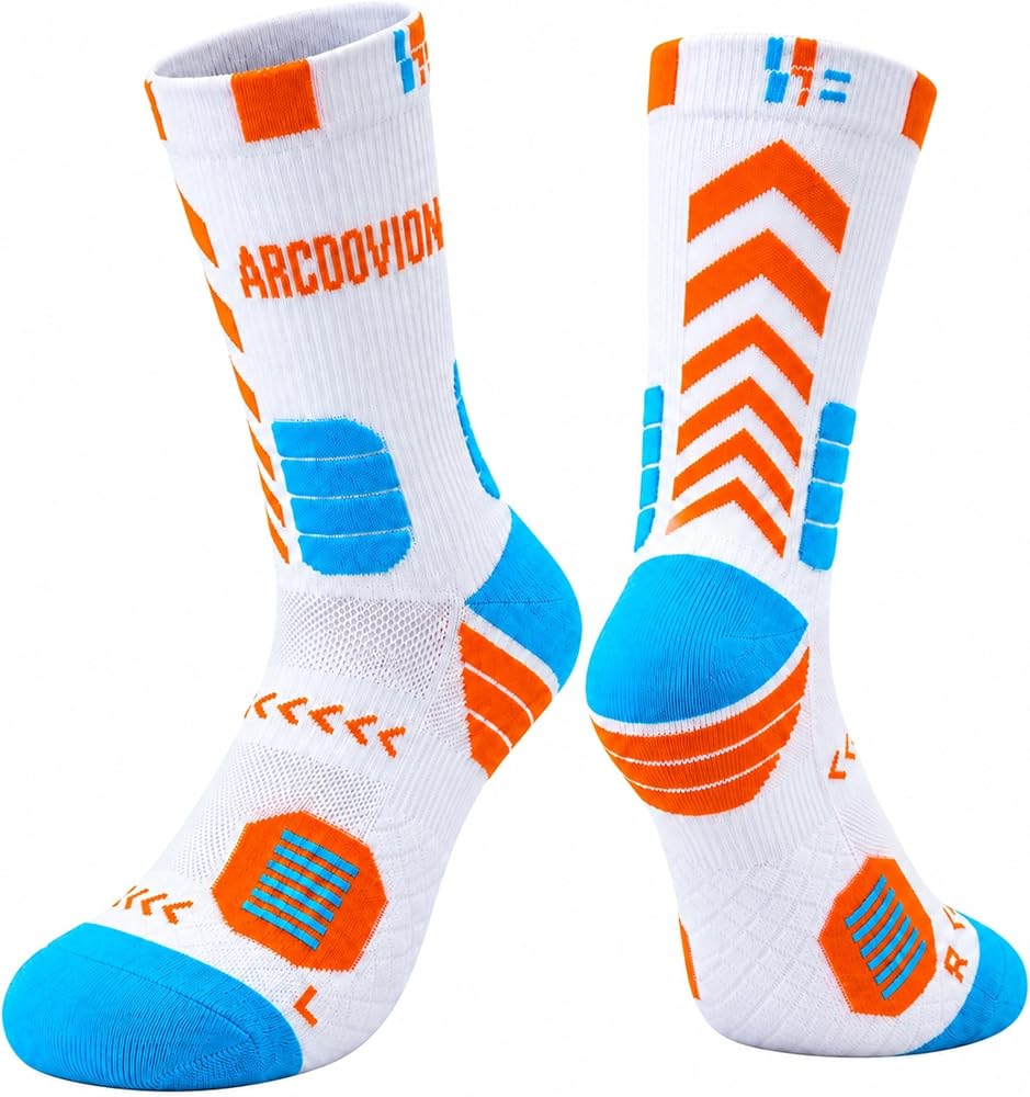 Men's Athletic Crew Socks, Breathable Cushioned Running Socks with Arch Support, White Orange Blue, 1 Pair — 사진 1