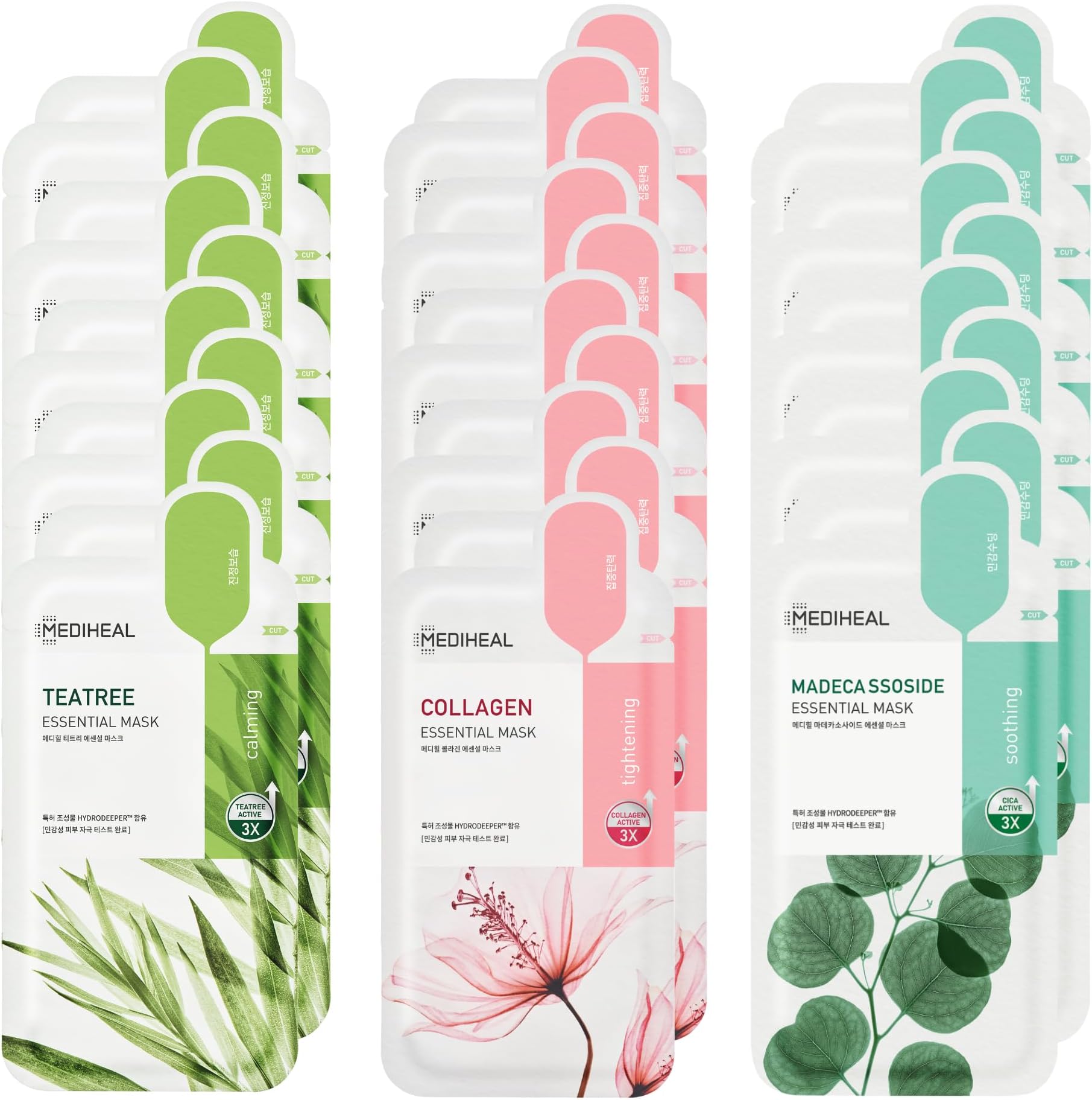 Mediheal Sheet Mask Essential HERO 30 Pack (Collagen, Tea Tree, Madecassoside) | Korean Skincare Facial Sheet Mask Combo, Moisturizing, Soothing and for Blemishes
