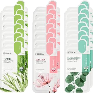 Mediheal Sheet Mask Essential HERO 30 Pack (Collagen, Tea Tree, Madecassoside) | Korean Skincare Facial Sheet Mask Combo, Moisturizing, Soothing and for Blemishes