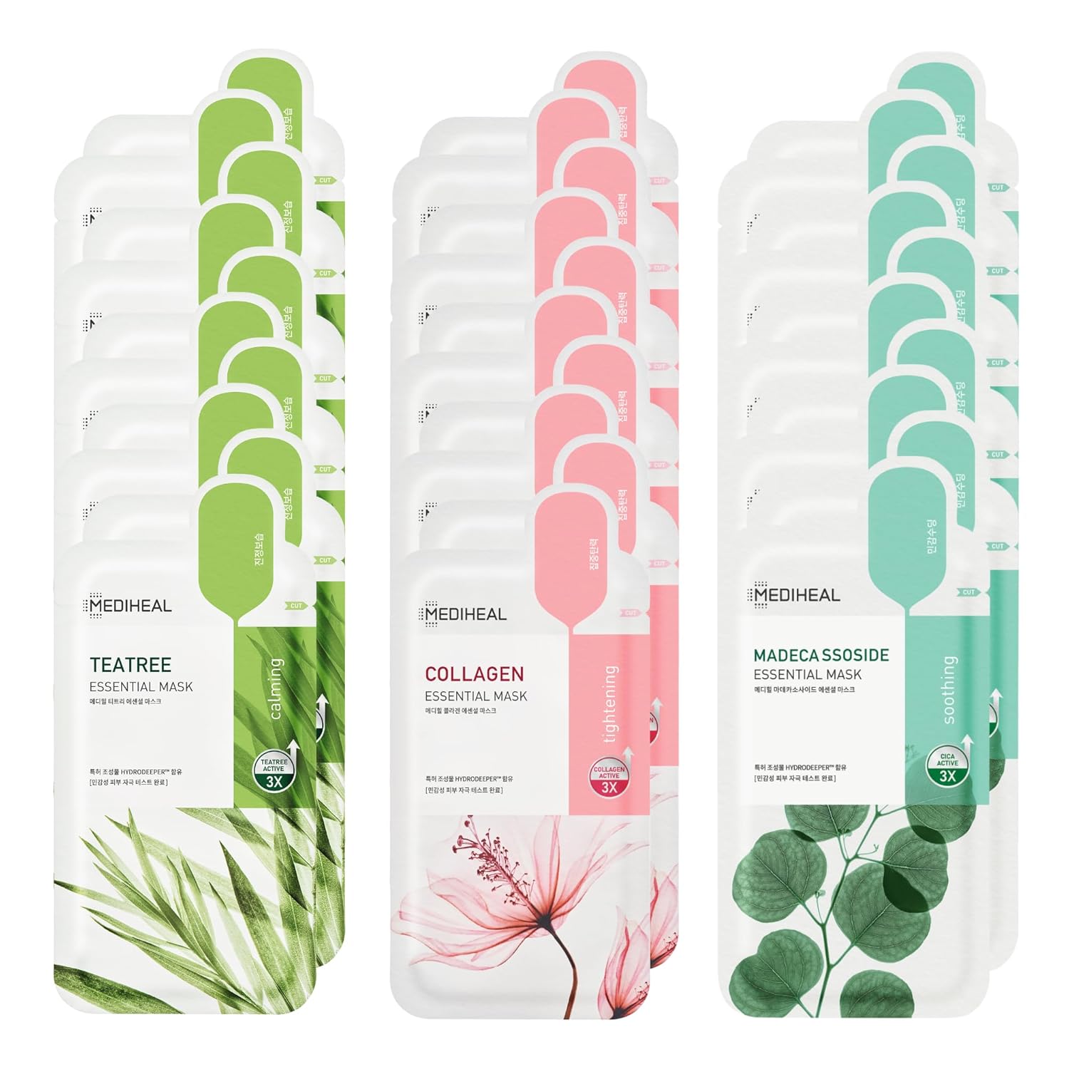 Mediheal Sheet Mask Essential HERO 30 Pack (Collagen, Tea Tree, Madecassoside) | Korean Skincare Facial Sheet Mask Combo, Moisturizing, Soothing and for Blemishes