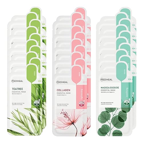 Mediheal Máscara de hoja Essential HERO, paquete de 30 (colágeno, árbol de té, madecassoside)  Combo de mascarilla facial coreana para el cuidado de