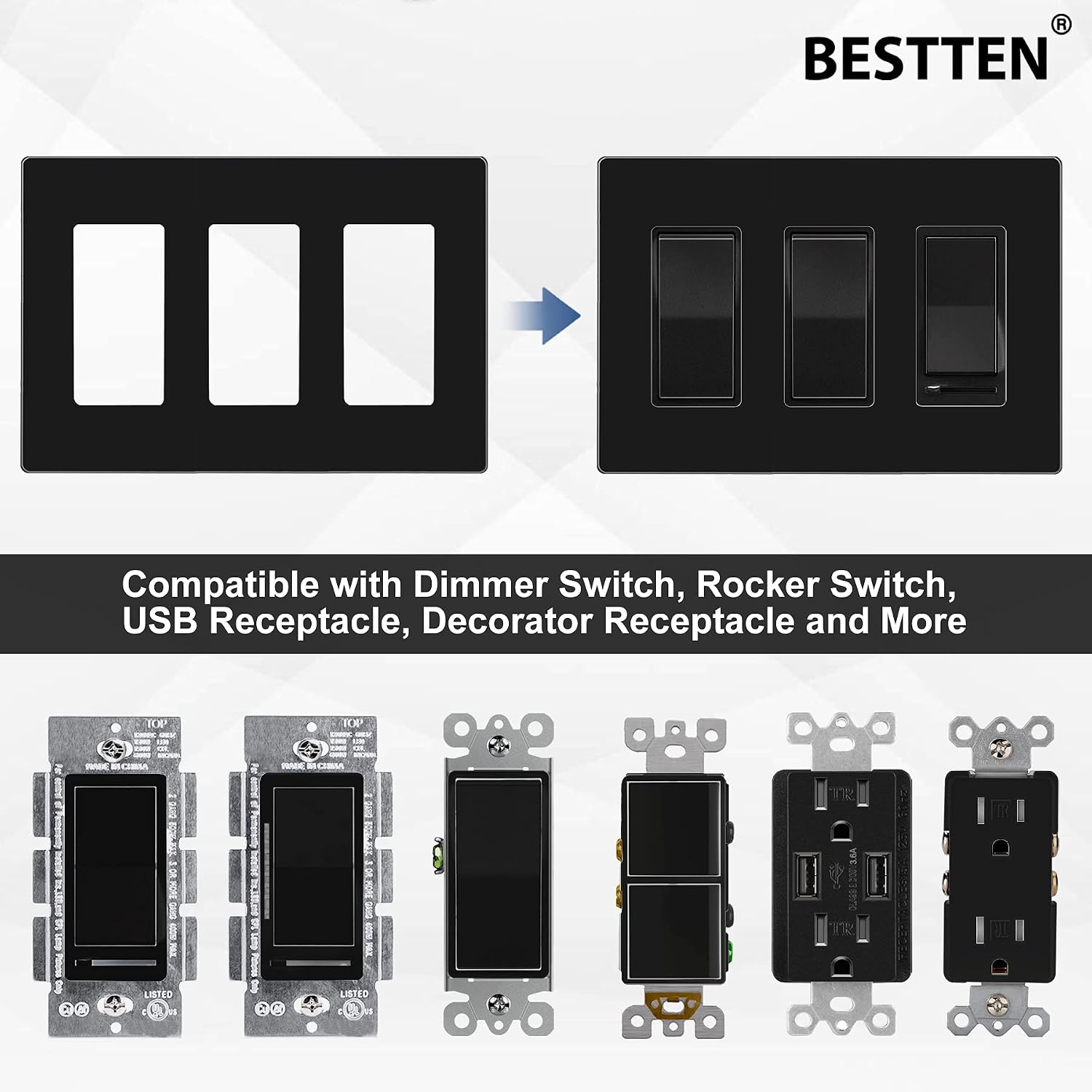 [2 Pack] BESTTEN 3-Gang Black Screwless Wall Plate, Unbreakable Polycarbonate Outlet Cover, H4.69” x W6.54”, for Light Switch, Dimmer, GFCI, USB Receptacle