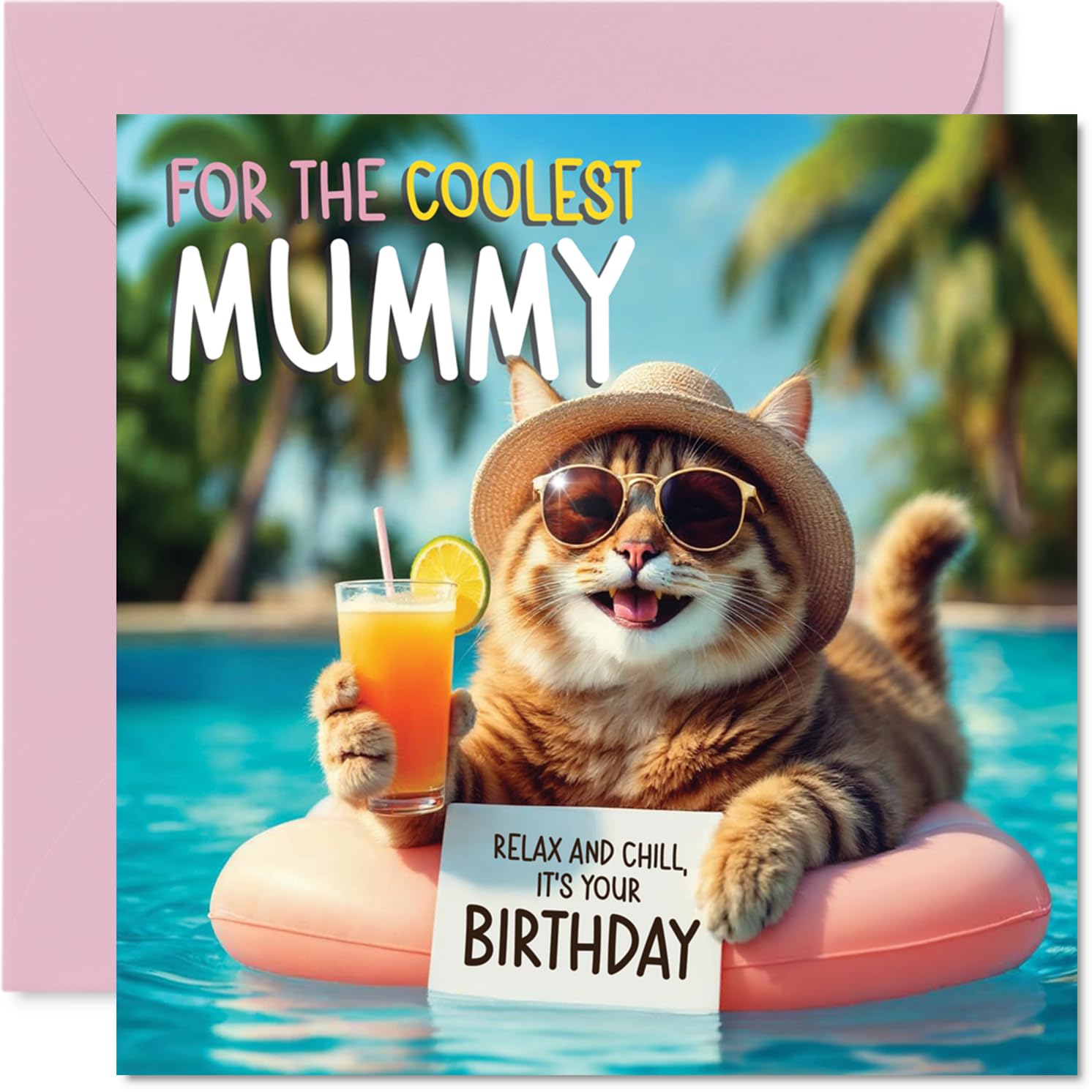 Mummy Birthday Card - Pool Cat - Happy Birthday Card for Mummy from Son Daughter, 145mm pool cat Bday Greeting Cards