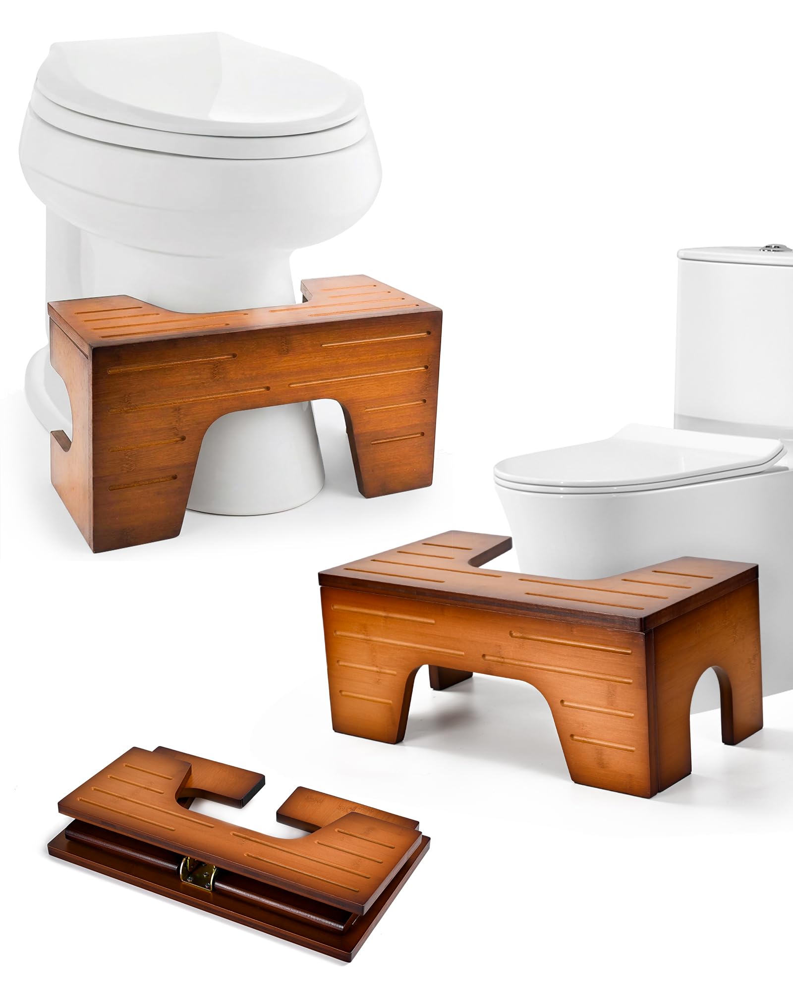 StrongTek Klappbarer Toilettenhocker aus Bambus, höhenverstellbar 18/23 cm, Toilettenhocker für Erwachsene, ergonomische Toilettenhaltung, Rutschfester Badezimmerhocker, faltbar, Rotbraun