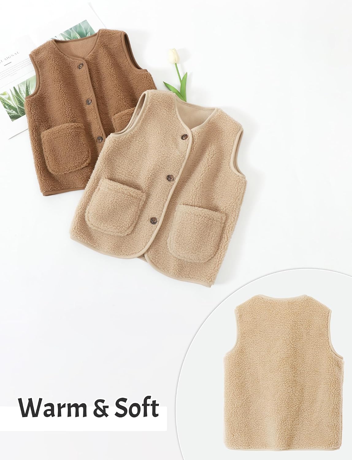 Happy Cherry Kids Sherpa Fleece Vest Lightweight Sleeveless Vest Waistcoat Outerwear with Pocket