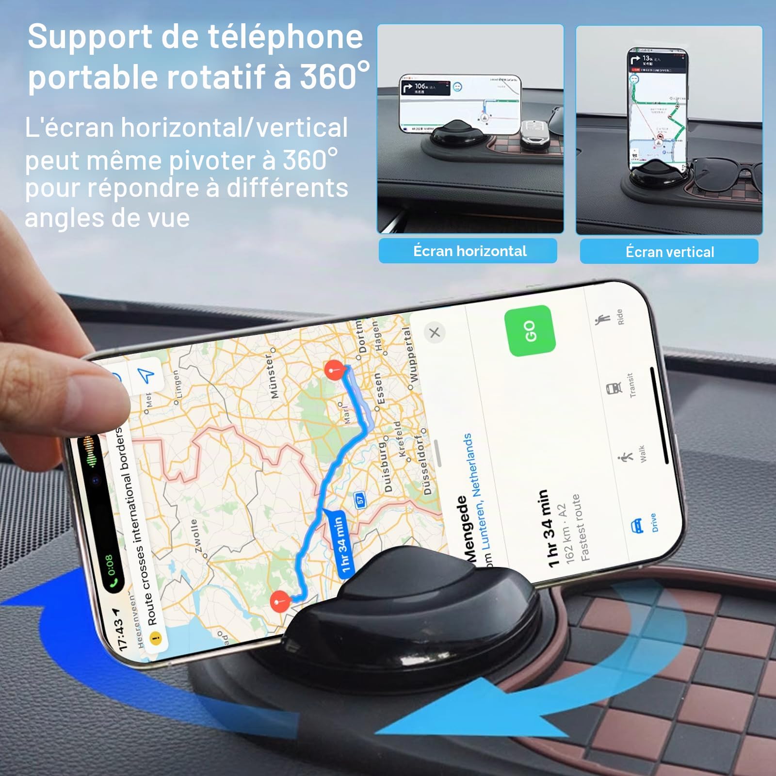 Tapis de tableau de bord antidérapant universel avec support de téléphone 2 en 1 – Tapis antidérapant pour clés et friandises | Poignée rotative à 360° + Parcomètre intégré