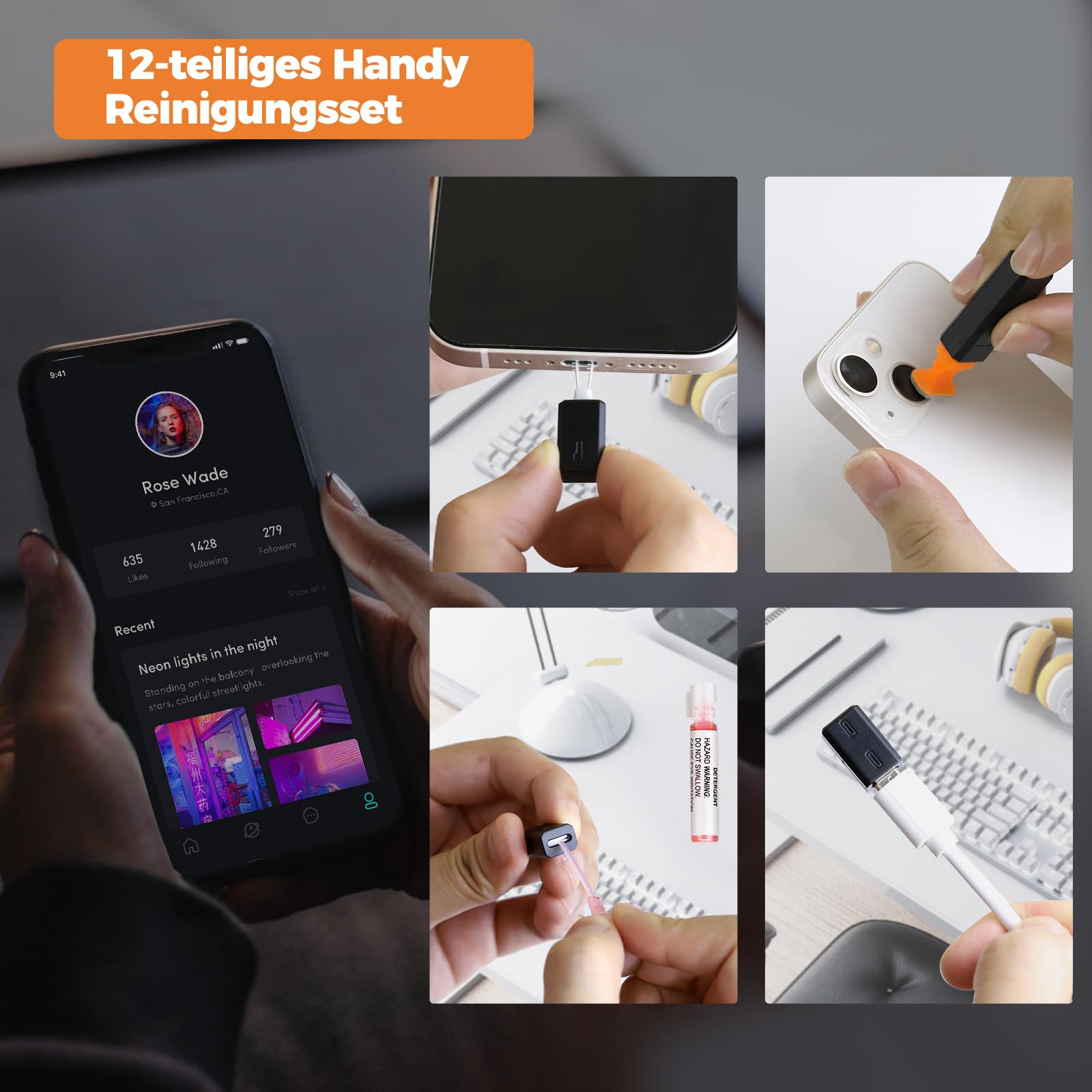 Ladeport Reinigungswerkzeuge für iPhone, JiaTeums Reinigungskits für Airpod, Handy, Reparatursätze für Laptop PC USB C Typ C Ladesteck und Lightning Datenkabel-Schwarz