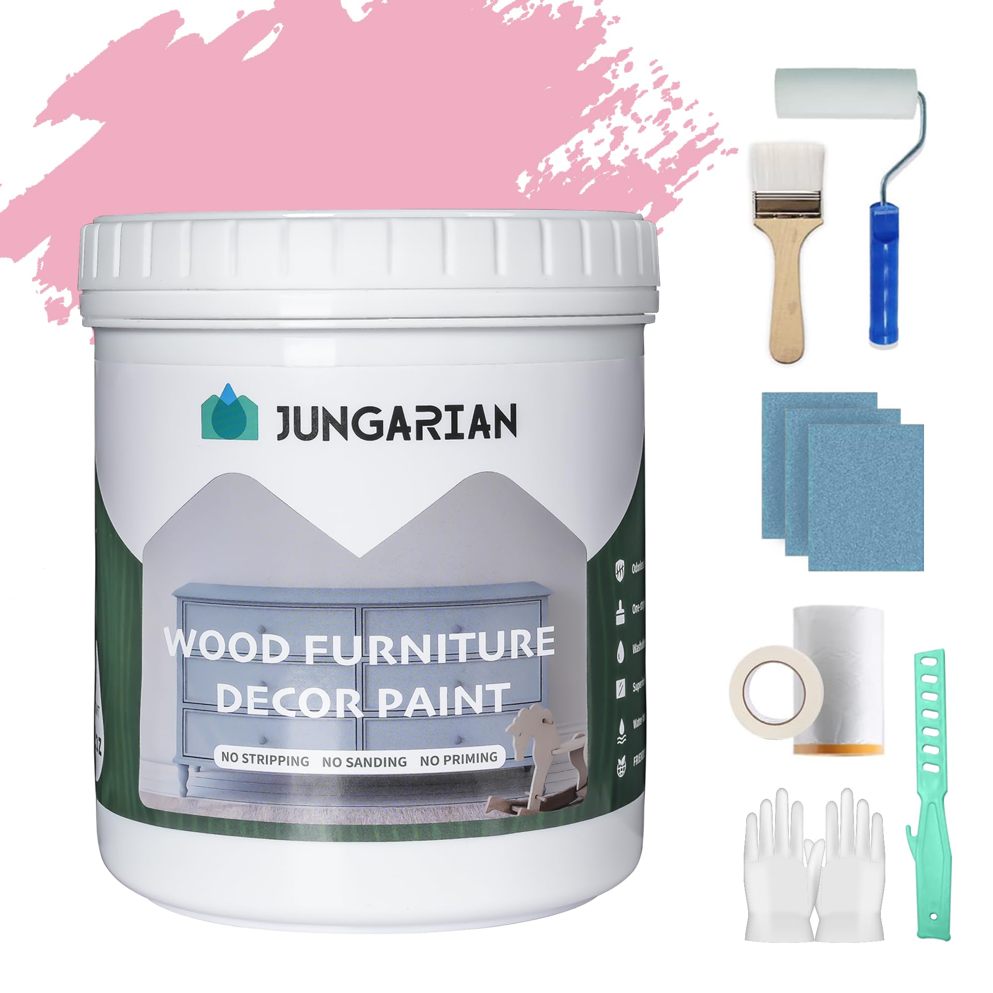 Jungarian Furniture Paint Kit 16oz with Tools - Water-based & Low Odor All-in-One No Sanding - Matte Finish Indoor Outdoor Wood Paint for Cabinets,