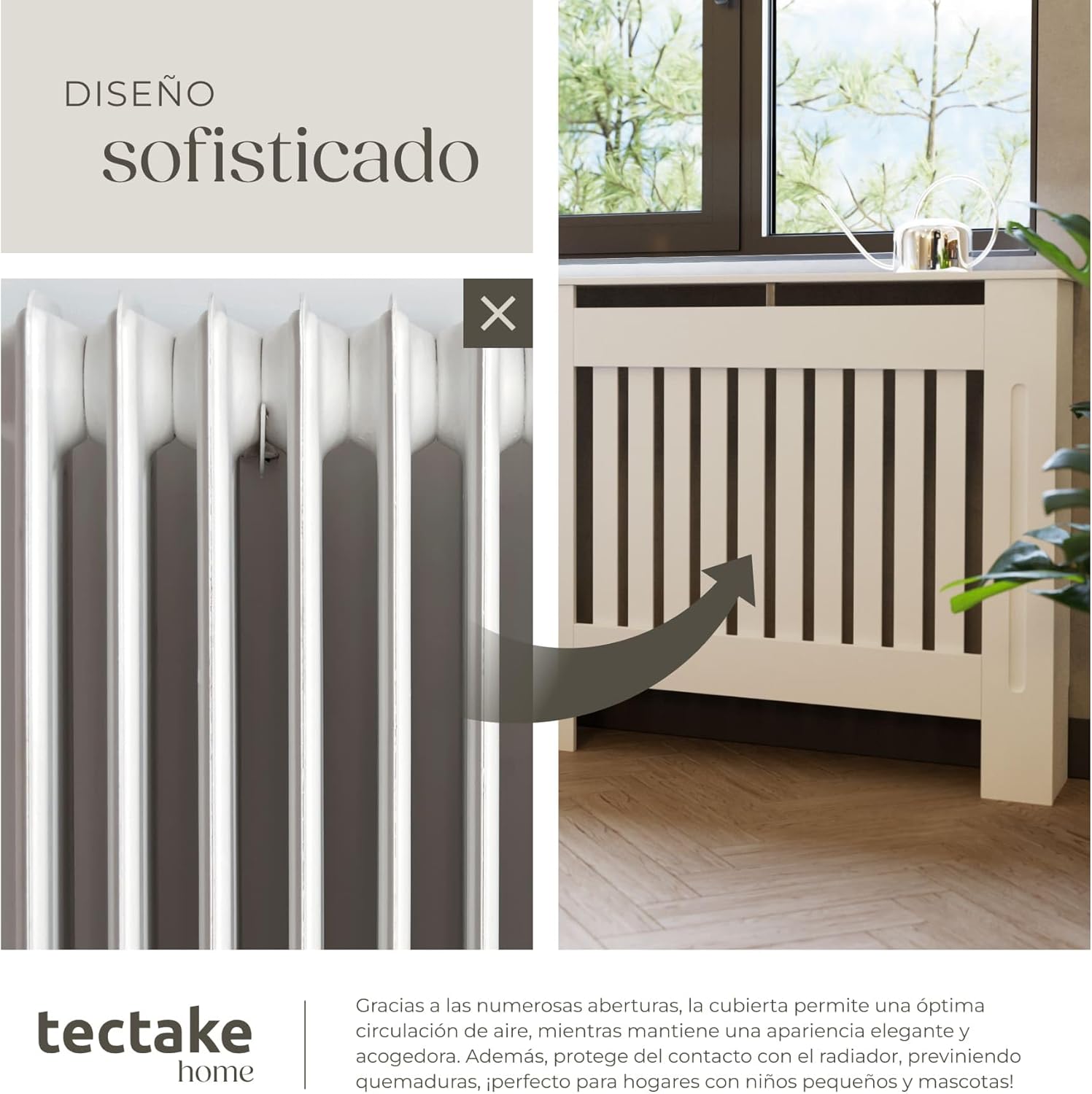 Before and after image showing a radiator covered by the tectake slat design cover, illustrating improved aesthetics and safety.
