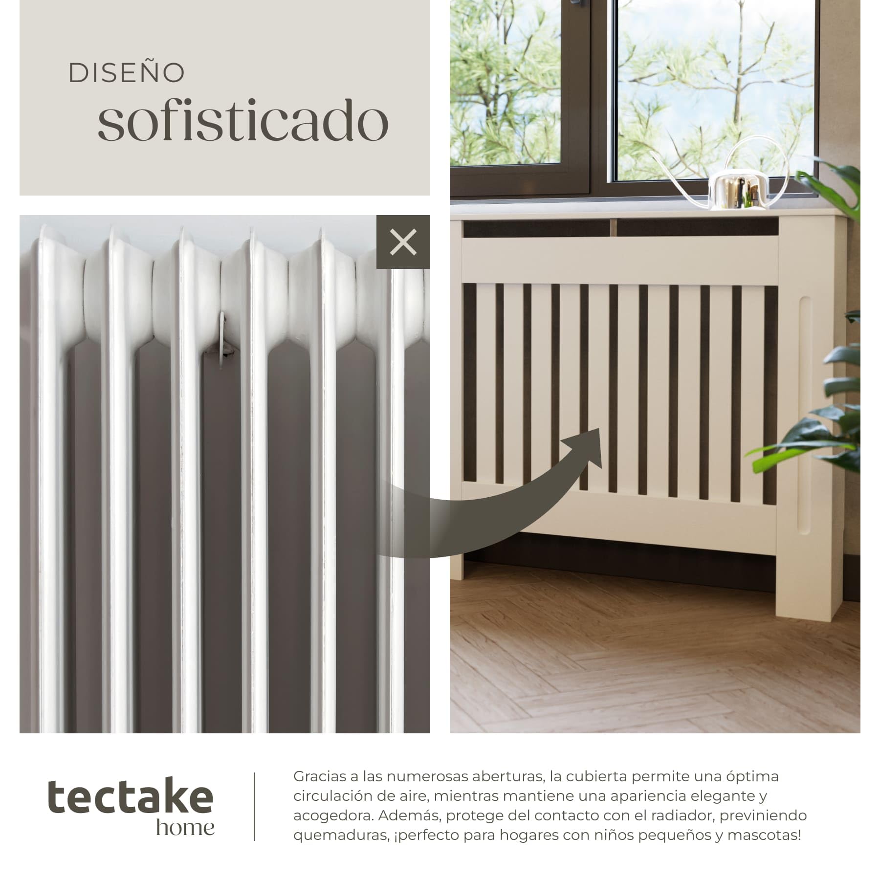tectake® Cubre Radiador con Diseño de Lamas, Cubierta para Calefacción, Revestimiento para Radiadores, con Repisa Decorativa, Protección contra Calor, Fácil Limpieza, Escandinavo - 172,3 x 19 x 82 cm