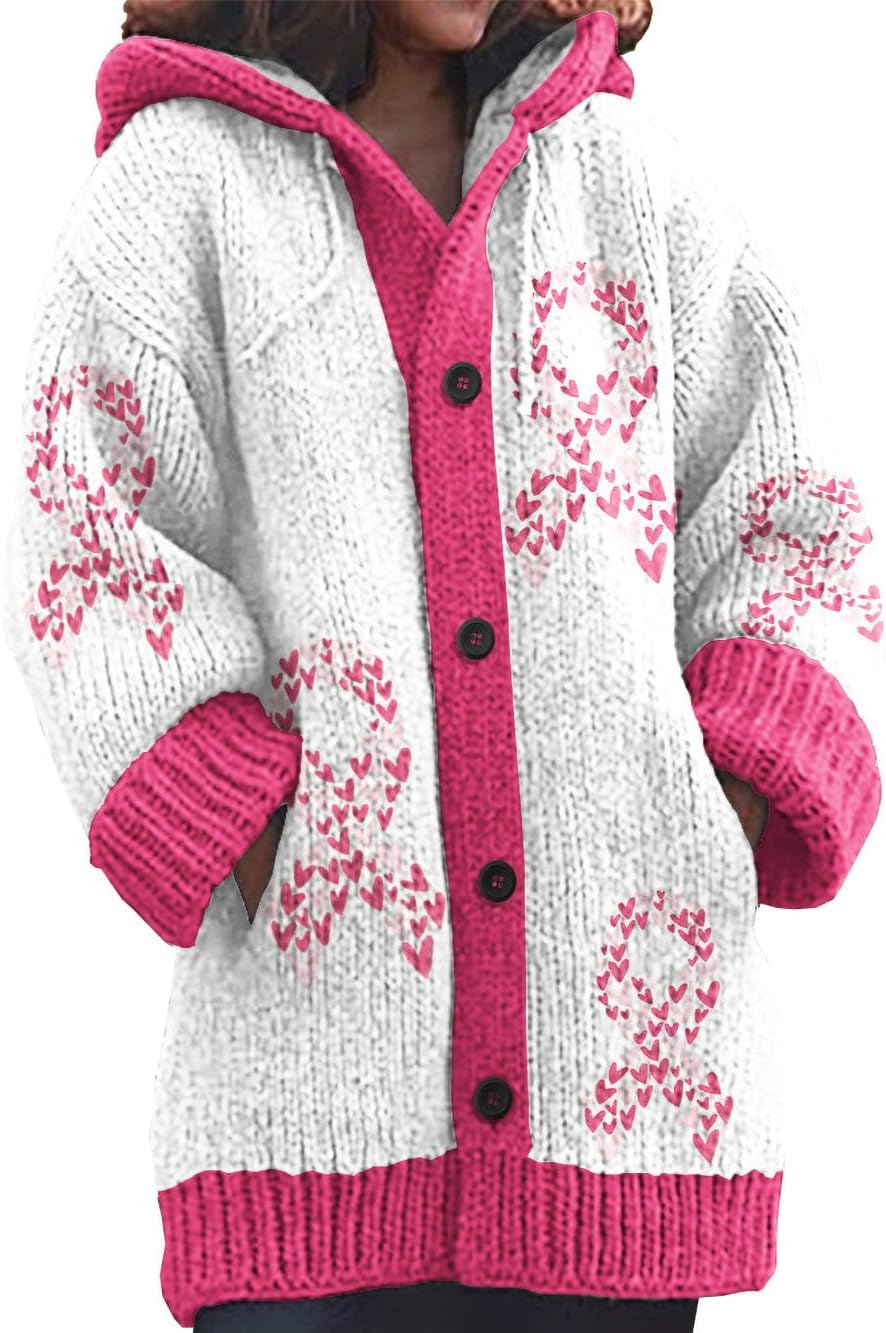 Women Hooded Cardigan Coat Long Sleeve Button Front Knit Sweater Jacket with Pockets Warm Fall Winter Casual Outwear