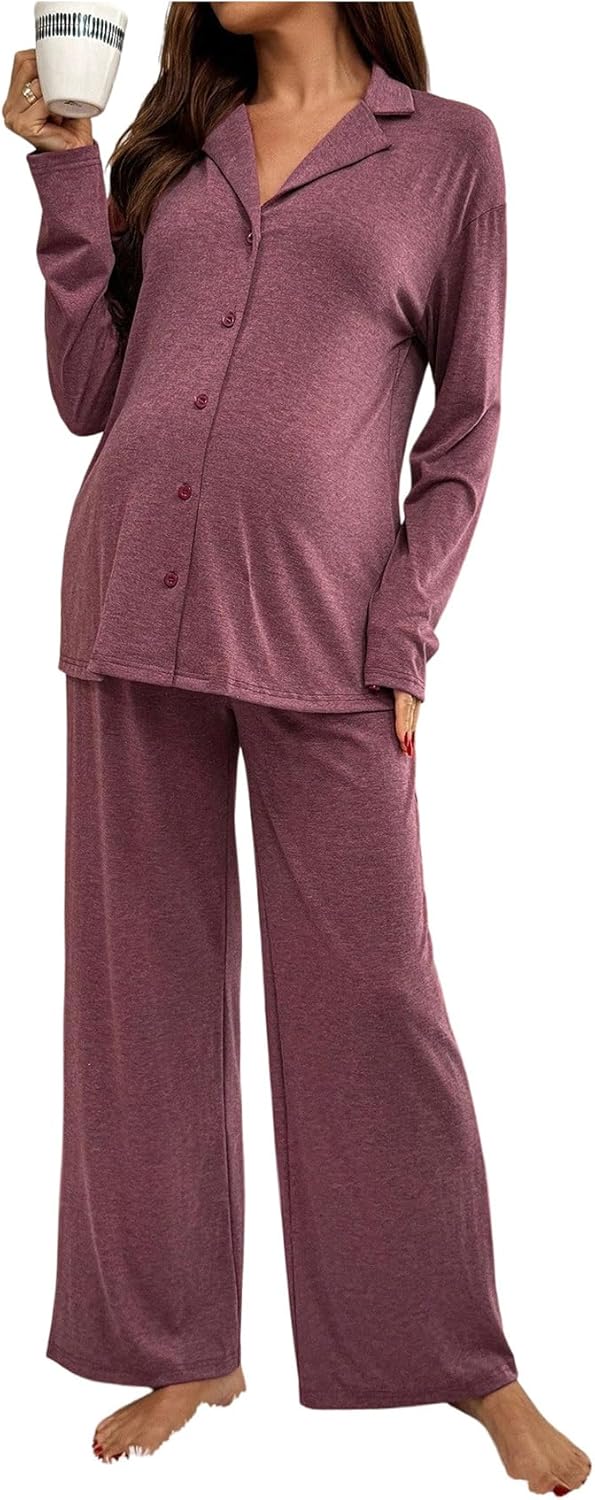 MakeMeChic Women's Maternity Pajama Set Button Down Shirt Top Pants 2 Piece Loungewear