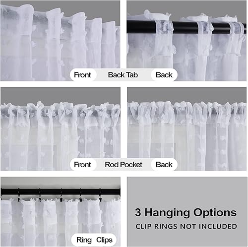 Miniatura 3 de KOUFALL Cortinas transparentes blancas con bolsillo para barra y pestaña trasera, con pompones, 52 x 102 pulgadas de largo