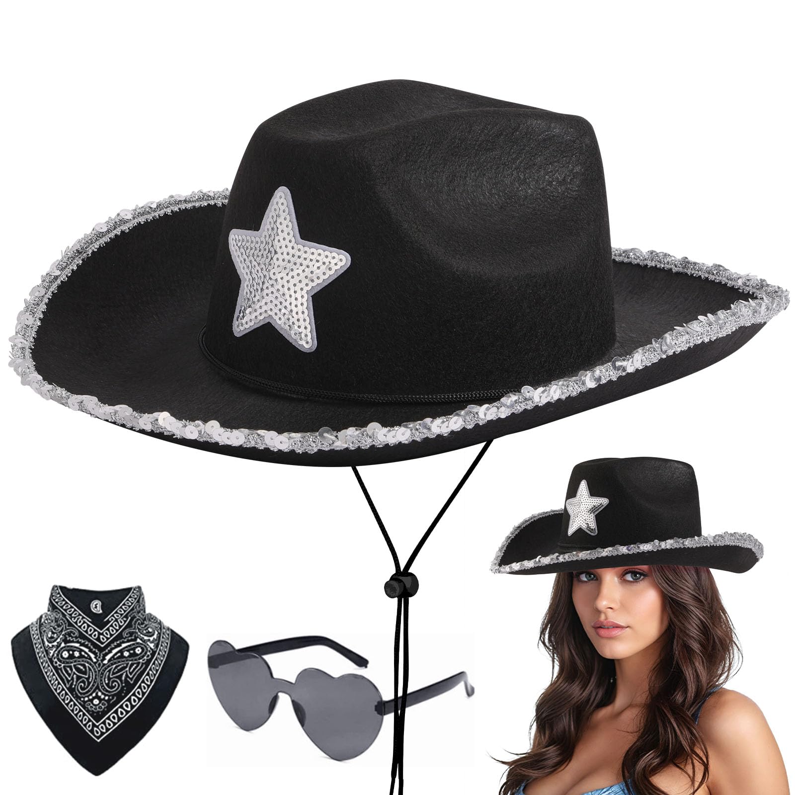 Aomig 3Pcs Cowboy Hat Fancy Dress Accessory, Cowboy Costume Set with Paisley Bandanna and Glasses, Western Cowboy Fancy Dress Costume for Birthday Halloween Bachelorette Bachelor Party Cosplay(Black) โ image 1