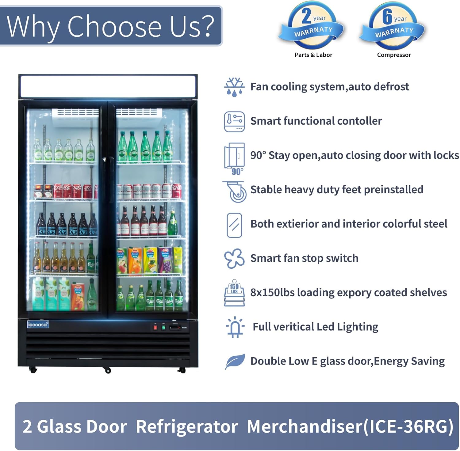 ICECASA 48" W Merchandiser Commercial Display Refrigerator Double Glass Door Reach-in 36 Cu.ft Display Refrigerator Fan Cooling for Restuarant, Bar, Shop, etc