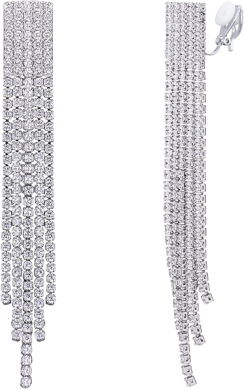 YOQUCOL Boho Tassel Chandelier Clip On Earrings CZ Crystal Long Drop Dangle Chain Bohemian Not Pierced Earrings For Women