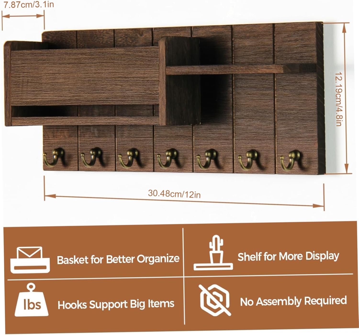 Mail and Key Organizer for Wall, Key and Mail Holder for Wall, Wooden Rack with 6 Hooks, Modern Organizer for Storing Letters, Magazines and Umbrellas, Hanger