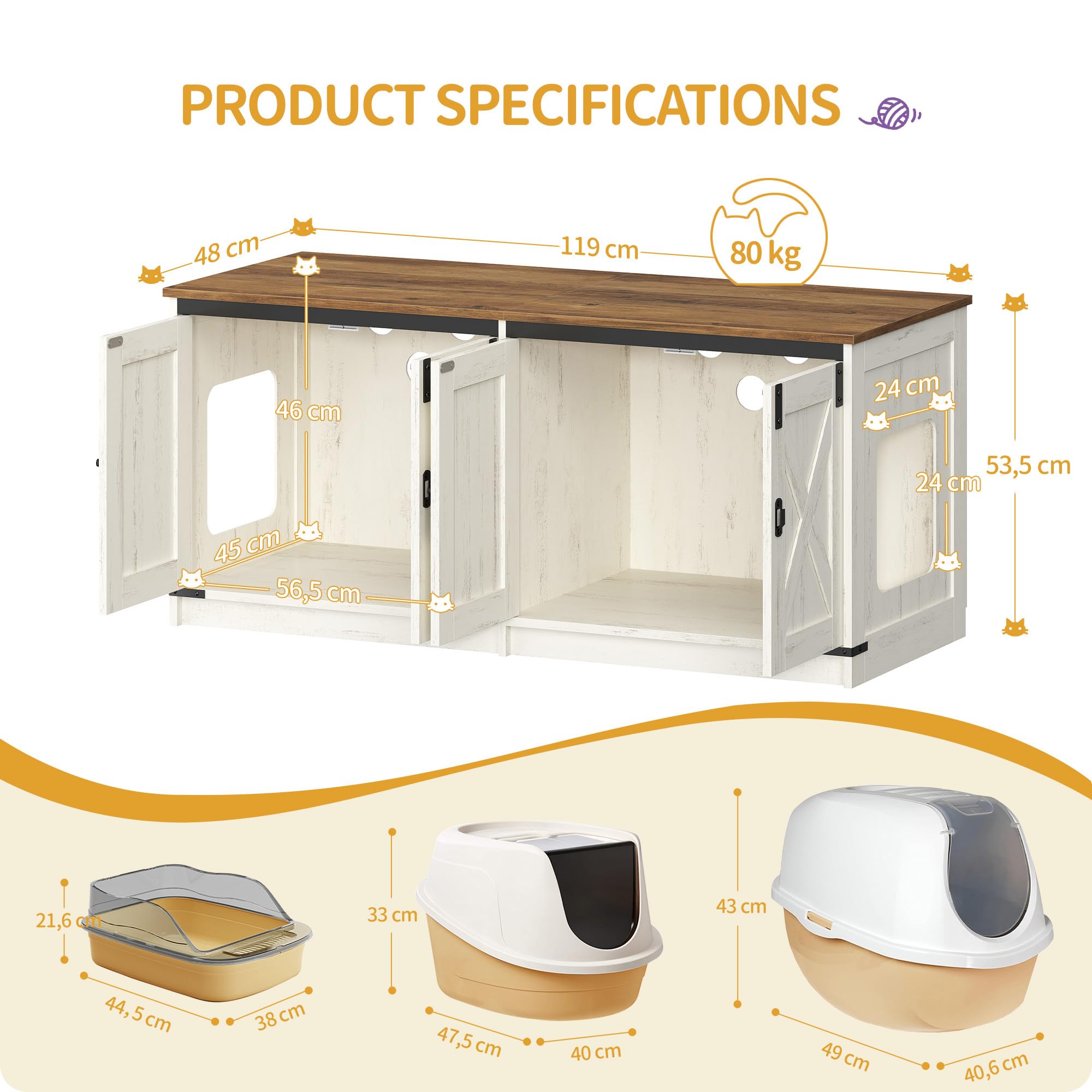 Hzuaneri Armario para Gatos, 119cm Blanco Marrón, Caseta para Gato Interior | 119 x 48 x 53,5 cm, Mueble Arenero Gato para 2 Gatos, Mueble de Caja de Arena Oculto, Estilo Granja, CB85314X