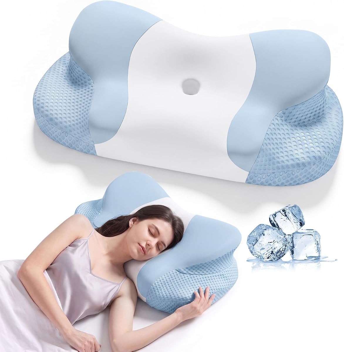 Cervical Pillow for Neck and Shoulder Pain Relief, Ergonomic Contour Memory Foam Pillows with Breathable Ice Silk Cover, Orthopedic Bed Pillow for Side Back Stomach Sleeper (Blue)
