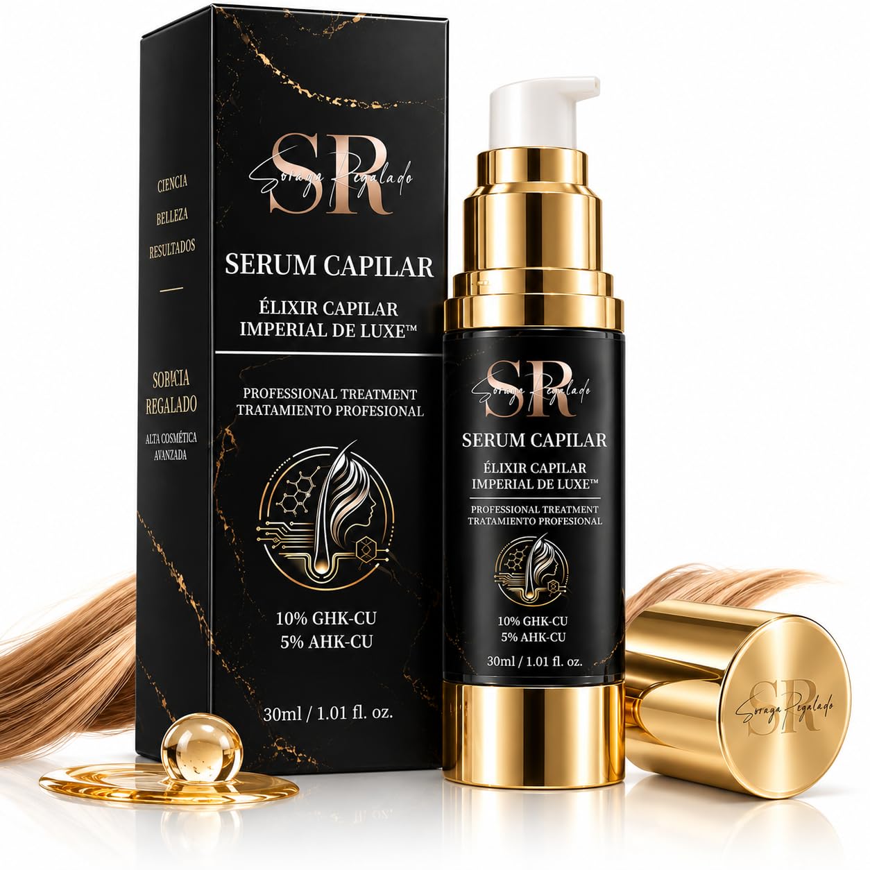 ÉLIXIR CAPILAR IMPERIAL DE LUXE de Soraya Regalado | Sérum Capilar con Péptidos de Cobre GHK-Cu y AHK-Cu, Aminoácidos, Pantenol y Aceites Botánicos | Cuidado del Cuero Cabelludo y Cabello | 30 ml