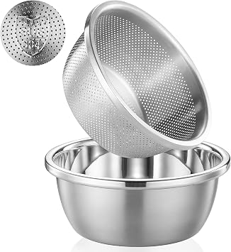 304 Stainless Steel Colander 2QT Microporous Colander & Mixing Bowl for Kitchen Cooking,Rice Strainer with Washing Bowl for Pasta Straining,Fruit Washing,Vegetable Draining2PCs