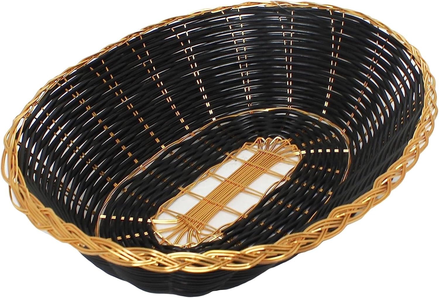 TrueCraftware- 9-1/4" x 7" x 2-1/4" Oval Hand-Woven Bread Basket Black Color with Gold Trim Set of 6- Restaurant Woven Food Serving Basket Fruit Bread Basket Decorative for Cafe Home Restaurants