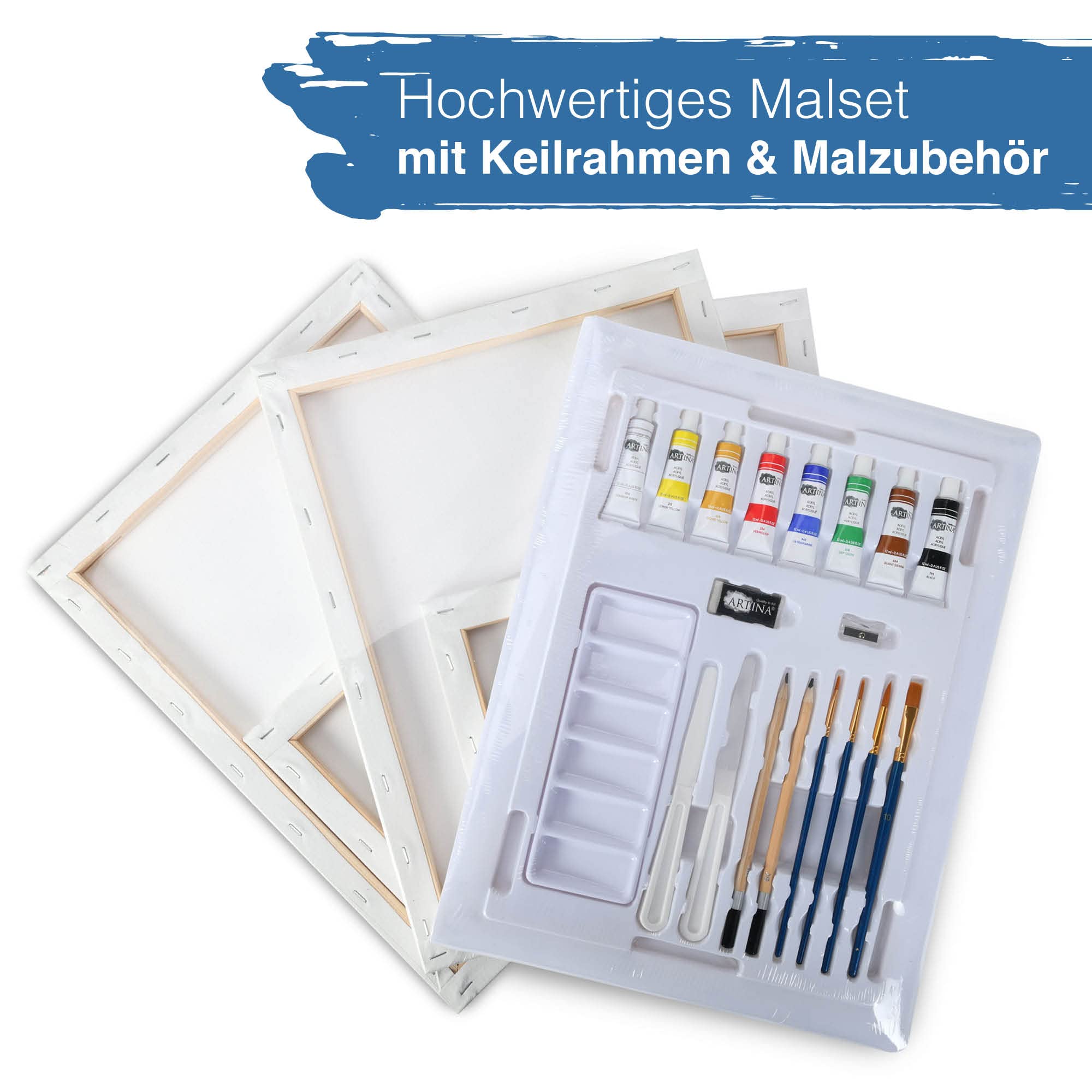Artina 25tlg Premium Malset mit Tischstaffelei – 8x12ml Acrylfarben Set, 5x Keilrahmen, Pinsel – Malutensilien Malkoffer für Kinder & Erwachsene – Künstler Set FSC® Holz Staffelei zum Malen – Lisbon