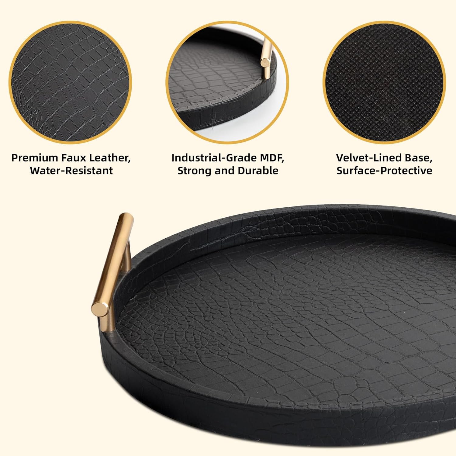 Decorative Serving Trays, Set of 2 Wood Modern Crocodile Leather Round Tray with Polished Metal Handles, Decorative Trays Coffee Table Tray Ottoman Platter for Home Decor (Black)