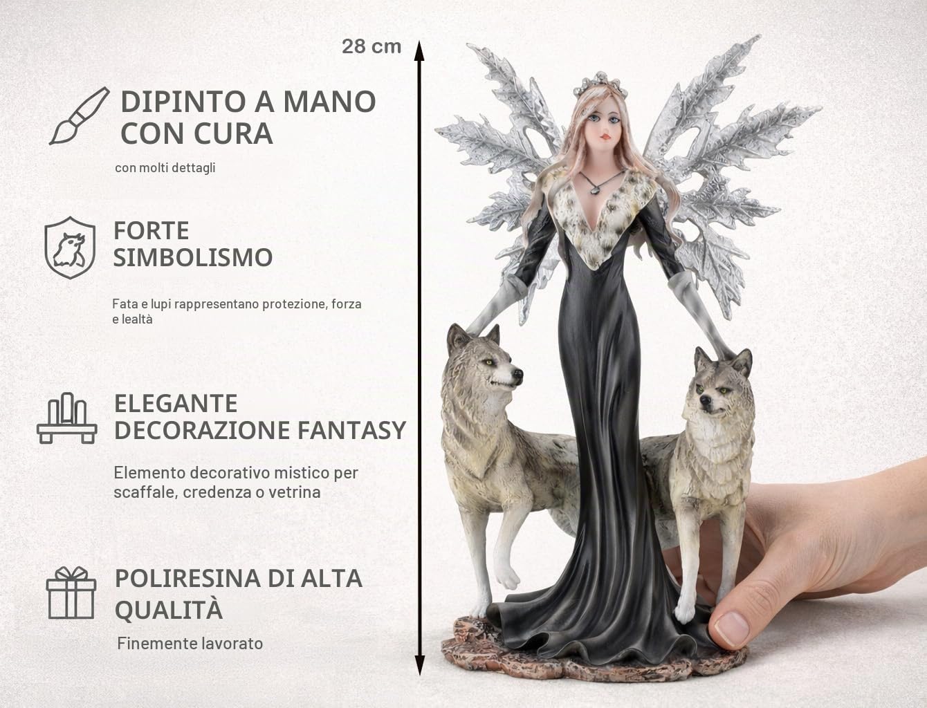 Figura elfo CRISTALLUPA con ali di ghiaccio e 2 lupi, 24 cm, multicolore
