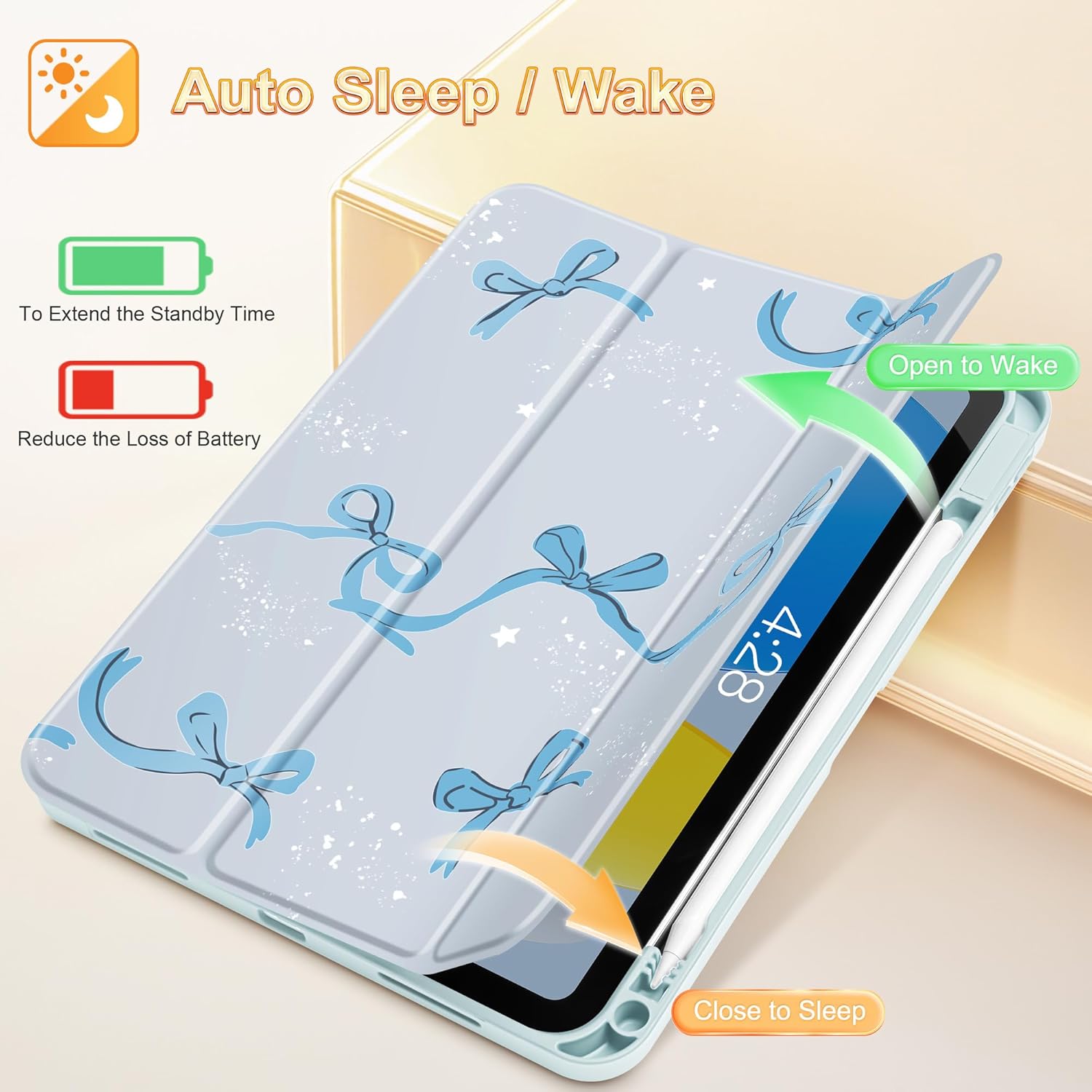 Tuiklol Case for iPad 11 inch (A16 Chip) 2025 Generation 11th / iPad 10.9 inch 2022 10th Gen,Slim Stand Hard Case Pencil Holder with TPU Back Cover & Trifold Stand & Auto Wake/Sleep,Bow-Blue