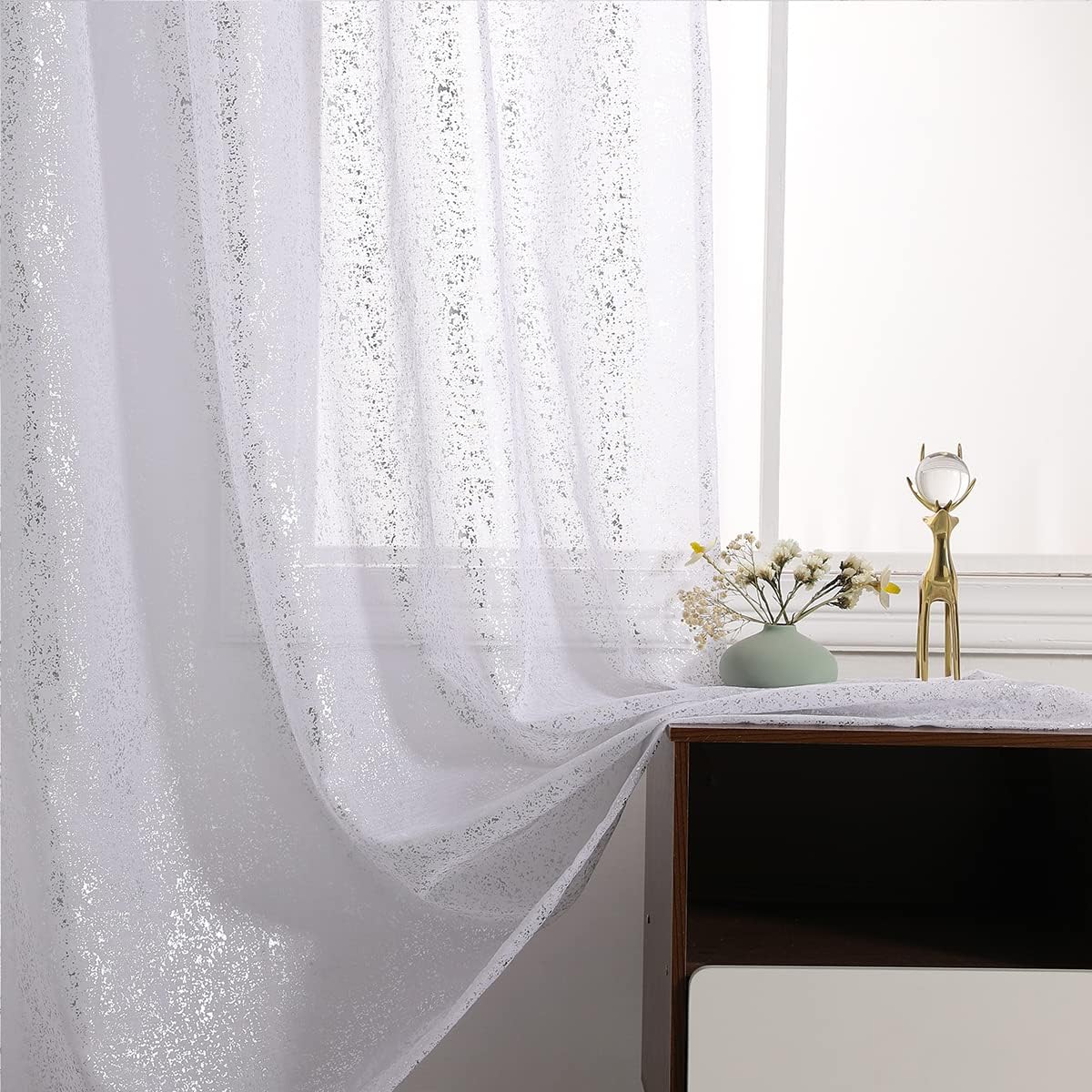 TERLYTEX Sheer Sparkle Curtains for Living Room - Chic Glitter White Sheer Curtains 84 Inch Length, Metallic Silver Foil Shiny Privacy Sheer Window Curtains, 52 x 84 Inch, 2 Panels, Silver White